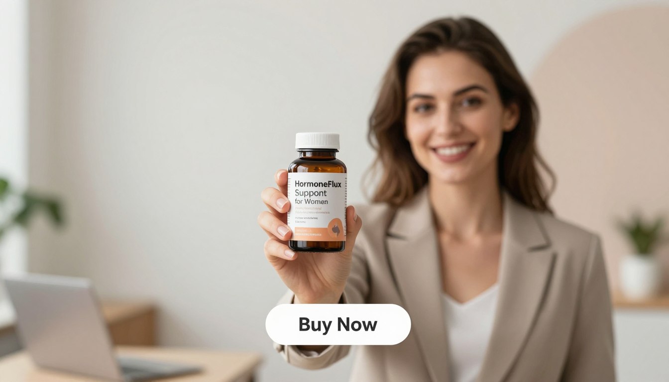 A modern and clean product image featuring a confident woman in professional business attire holding a bottle of "HormoneFlux," which is displayed prominently in the foreground. She has a warm and inviting smile, reflecting the positive effects of the product. The bottle is elegantly designed with the label "Hormone Support for Women" clearly visible. Below the bottle, there is a sleek "Buy Now" button, hinting at an online purchase. In the middle ground, soft natural lighting creates a calming atmosphere, enhancing the product's appeal. The background features a minimalist office setting with soft pastel colors, conveying a sense of wellness and focus. The overall mood is positive and empowering, illustrating the commitment to hormonal health and wellness for women. A modern and clean product image featuring a confident woman in professional business attire holding a bottle of "HormoneFlux," which is displayed prominently in the foreground. She has a warm and inviting smile, reflecting the positive effects of the product. The bottle is elegantly designed with the label "Hormone Support for Women" clearly visible. Below the bottle, there is a sleek "Buy Now" button, hinting at an online purchase. In the middle ground, soft natural lighting creates a calming atmosphere, enhancing the product's appeal. The background features a minimalist office setting with soft pastel colors, conveying a sense of wellness and focus. The overall mood is positive and empowering, illustrating the commitment to hormonal health and wellness for women.
