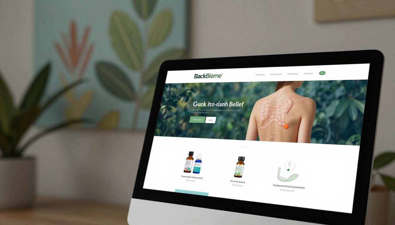A modern and professional website interface for "BackBiome," designed to evoke a sense of natural healing and wellness. In the foreground, display a sleek computer screen showcasing an elegantly organized website layout that highlights gut health and back pain relief products. The middle ground features subtle, soothing colors like green and blue, symbolizing nature and tranquility. In the background, soft, blurred images of herbal elements, such as leaves and plants, contribute to the theme of natural remedies. The scene is well-lit with soft, ambient lighting suggesting a calm atmosphere, shot from a slight angle to give depth. Include no human subjects, ensuring a focus on the website design and its elements.