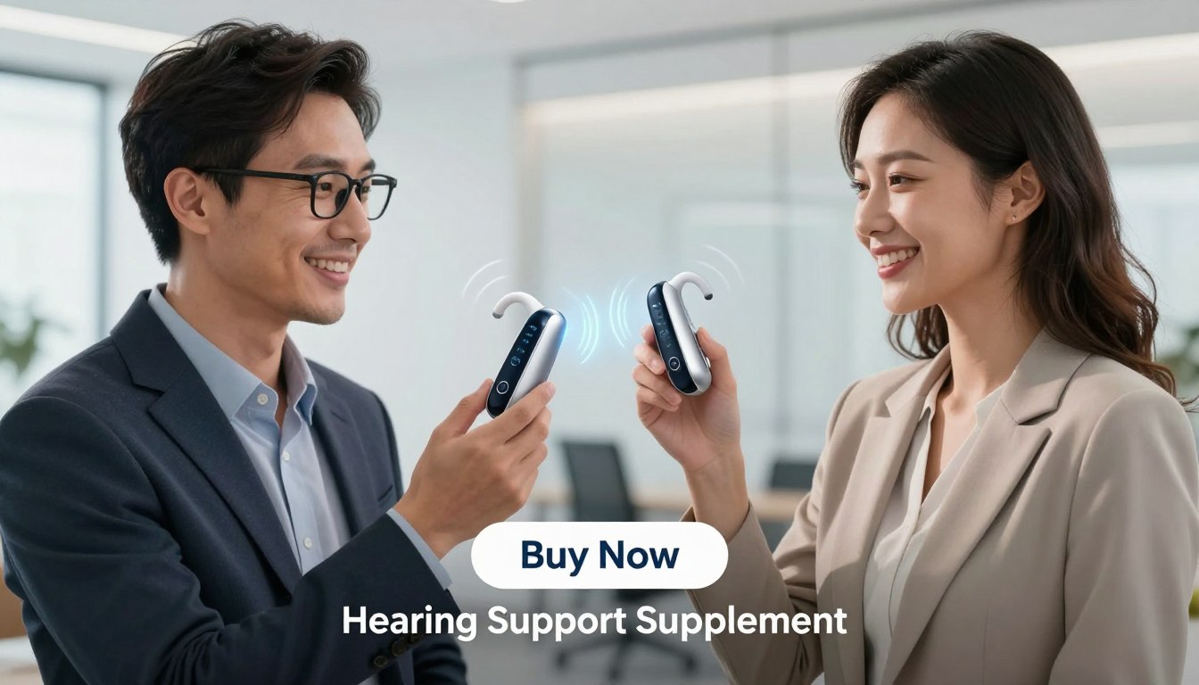 A modern, clean image showcasing a man and woman in professional business attire, both smiling and holding the innovative Whispeara device, which looks sleek and high-tech. The man has short dark hair and glasses, while the woman has medium-length wavy hair. They are positioned in the foreground, surrounded by gentle light. In the middle layer, feature a soft-focus background of a bright, airy modern office setting. Highlight the device's features with subtle glows emanating from it, symbolizing its advanced hearing support technology. Below them, place a prominent "Buy Now" button alongside the brand name "Hearing Support Supplement." The atmosphere should be optimistic and professional, conveying a sense of reliability and innovation in hearing enhancement.