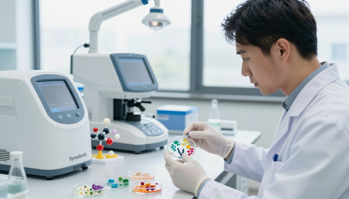 A modern dental laboratory setting showcases the science behind Synadentix. In the foreground, a scientist in a white lab coat conducts a careful experiment with petri dishes containing vibrant, diverse microbes representing a balanced oral microbiome. The middle ground features advanced dental equipment and colorful molecular models illustrating the interactions of dental care ingredients. In the background, bright and airy windows offer natural light, enhancing the clean and professional atmosphere. A sleek, organized workspace gives an impression of innovation and technology in dental care. Soft focus on details allows the viewer to feel the precision and importance of dental science, creating a calm and insightful mood while highlighting the innovative nature of Synadentix.