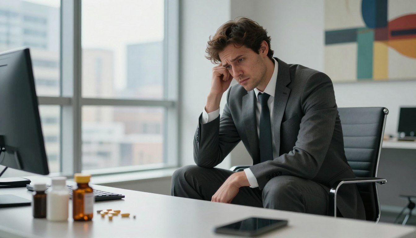 A modern man in his 30s, wearing a tailored business suit, sits on a sleek, minimalist office chair, looking contemplative and weary. His posture is slouched, and his face reflects a combination of concern and fatigue, with deep-set eyes. The foreground features a subtle scattering of health supplements and fitness gear on a polished desk. In the middle, a floor-to-ceiling window reveals a bustling cityscape, hinting at a fast-paced life outside. Soft, natural light pours in, creating gentle shadows that enhance the mood of introspection. The background shows abstract art that suggests vitality but contrasts with the man's struggle. Overall, the atmosphere is one of quiet urgency, embodying the theme of declining vitality.