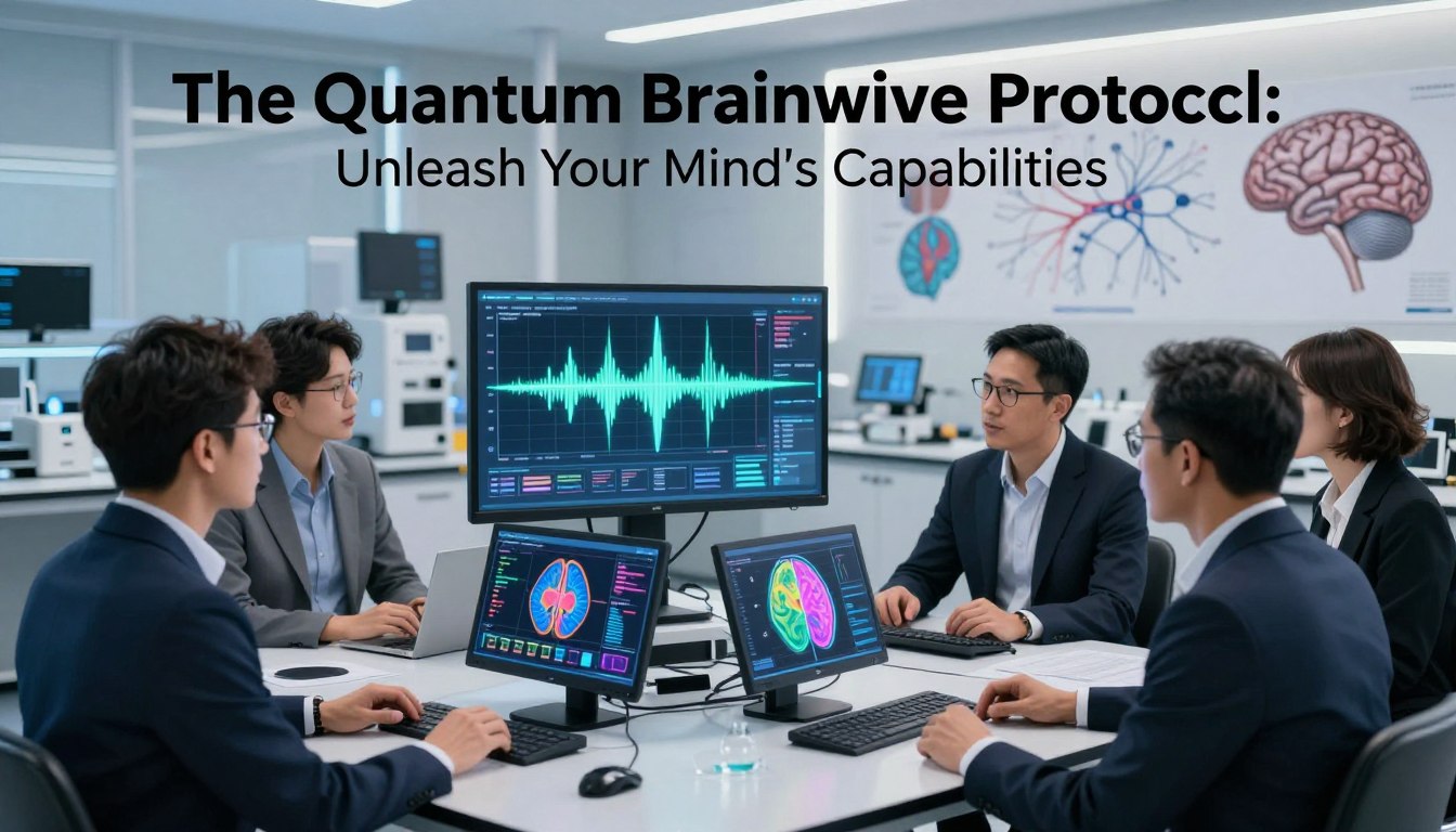 A modern neuroscience laboratory focused on brainwave entrainment research. In the foreground, a diverse group of professionals in business attire are engaged in discussion around a high-tech EEG device displaying colorful brainwave patterns. The middle features a digital interface with brainwave graphs and oscillating waves, symbolizing rhythm and frequency. The background includes sleek laboratory equipment, illuminated by soft, ambient lighting, creating a calm yet cutting-edge atmosphere. The walls are adorned with visuals of brain anatomy and neural pathways. The overall mood is inspiring and innovative, reflecting the essence of "The Quantum Brainwave Protocol: Unleash Your Mind's Capabilities," emphasizing the scientific exploration of human potential.