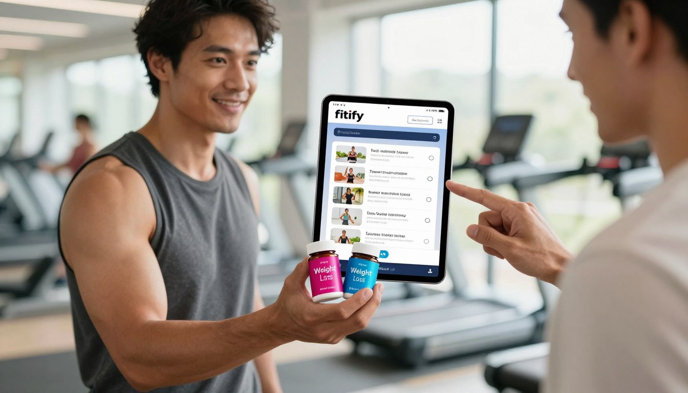 A modern, sleek image depicting Fitify fitness capsules in the foreground, held by a fit man in casual athletic wear, showcasing a health-conscious lifestyle. The capsules feature an eye-catching design branded with "Weight Loss." In the middle ground, display a digital tablet or smartphone showcasing the Fitify app interface, with vibrant UI elements indicating workout plans and nutritional guidance. In the background, create a bright, inviting gym environment with soft natural lighting filtering through windows, enhancing the atmosphere of vitality and energy. Capture a dynamic angle, focusing on the man’s confident expression as he interacts with the app. The overall mood is motivational and aspirational, reflecting the comprehensive ecosystem of fitness that Fitify represents. Include a "Buy Now" button subtly below the capsules, maintaining a clean look without any text or watermarks.