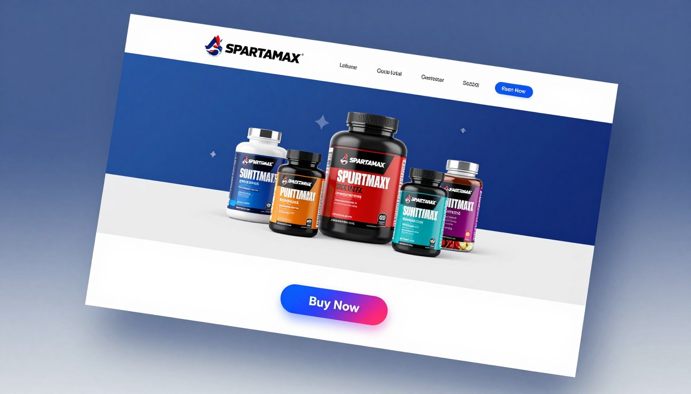 A modern, sleek website layout showcasing the official Spartamax branding. In the foreground, a bright, inviting "Buy Now" call-to-action button, prominently displayed in a contrasting color that stands out against the background. The middle section features high-quality images of Spartamax supplements, artfully arranged, with labels showcasing their vibrant colors and professional packaging. In the background, a subtle gradient of blues and whites creates a clean, expansive feel, invoking a sense of authenticity and trust. Soft, even lighting highlights the products without harsh shadows. The angle is slightly tilted, offering a dynamic view of the digital interface, emphasizing a user-friendly experience. The overall mood is energetic and motivating, appealing to fitness enthusiasts seeking reliable supplements.