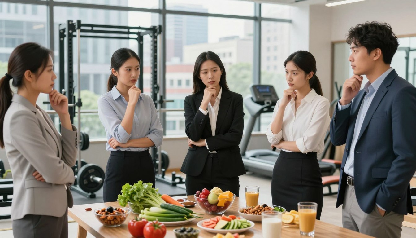 A modern urban setting depicting the struggle of weight management. In the foreground, a diverse group of people in professional business attire, showing expressions of determination and contemplation as they stand around a table filled with healthy and unhealthy food options. In the middle, a gym in disarray with weights and exercise equipment scattered, highlighting the chaotic aspect of fitness routines. In the background, a large window showcasing a bustling city, symbolizing external pressures and distractions. The lighting is bright and natural, creating an inspiring yet challenging atmosphere, while a shallow depth of field focuses on the individuals’ emotions. Capture the essence of modern challenges in achieving a balanced lifestyle, emphasizing both hope and struggle.