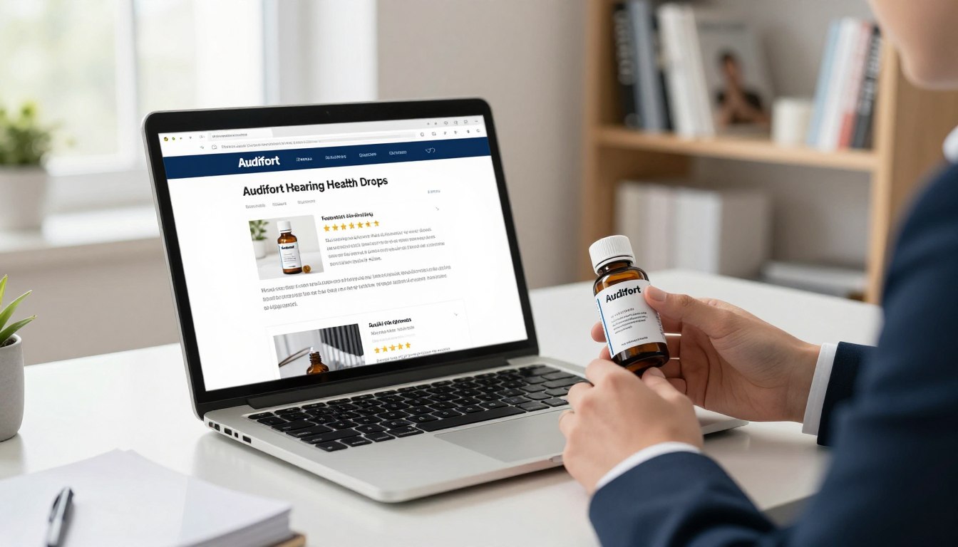 A polished, professional workspace featuring a sleek desk and a modern computer displaying a product review site focused on “Audifort Hearing Health Drops.” In the foreground, a pair of hands in a business suit is holding a bottle of Audifort, inspecting it closely. In the middle, an open laptop shows a clear, detailed review article about the drops with visuals of testimonials and star ratings, all without text. The background comprises soft-focus shelves lined with health-related books and magazines, providing context. Natural light from a window bathes the scene, creating an inviting, trustworthy atmosphere. The composition emphasizes professionalism and thoroughness, evoking a sense of credibility and intrigue regarding the legitimacy of the product.