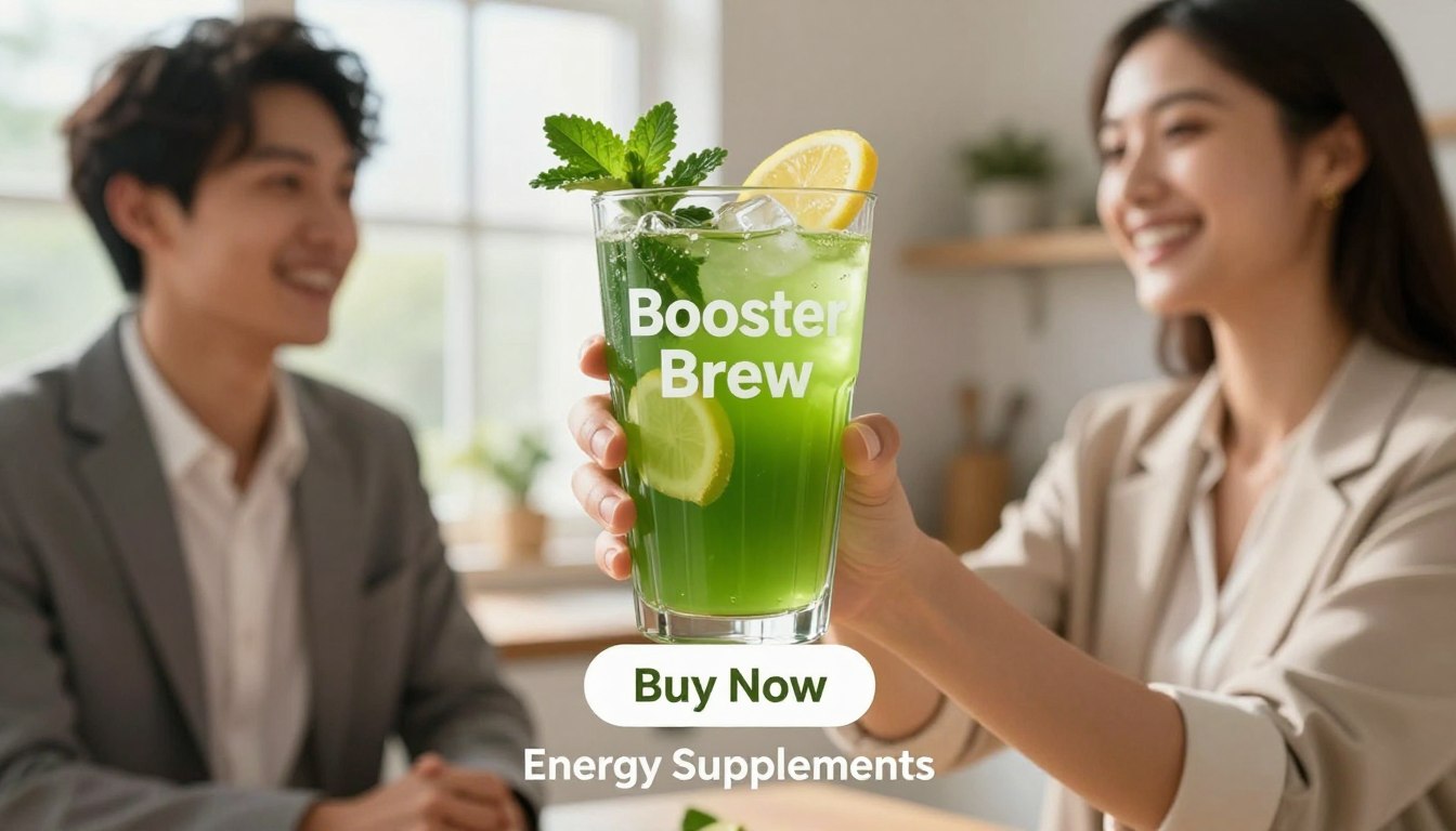 A premium wellness drink named "Booster Brew" featuring an elegant, tall glass filled with a vibrant green liquid, showcasing fresh ingredients like ginger, lemon, and leafy greens floating within. In the foreground, a man and woman, dressed in professional business attire, are joyfully holding the glass, their expressions exuding energy and wellness. The background is a softly lit kitchen with natural light streaming through a window, creating a warm and inviting atmosphere. A subtle "Buy Now" button is displayed just below the drink. The brand name "Energy Supplements" is tastefully placed on the bottom of the image, ensuring it complements the visuals without overpowering them. The overall mood should be refreshing, uplifting, and health-focused, with a clear sense of vitality.
