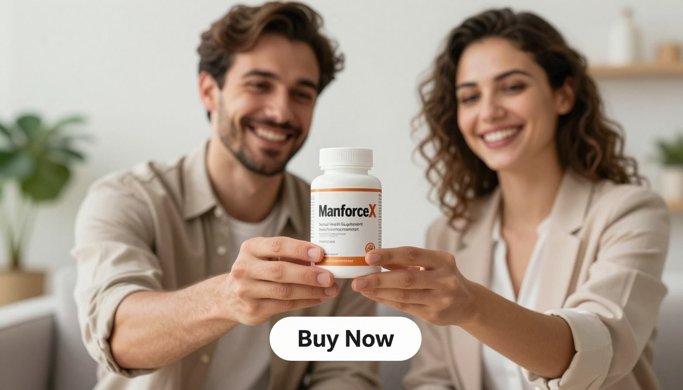 A professional and engaging product image featuring a well-groomed man and a woman in smart casual clothing, joyfully holding the dietary supplement "ManForceX" in a modern, well-lit environment. In the foreground, place the product prominently in their hands, ensuring the label is clear and readable. In the middle ground, incorporate a soft-focus background of a serene, health-inspired setting with plants and natural light enhancing the mood of vitality and wellness. Use a warm color palette to evoke feelings of energy and confidence. Beneath them, add a "Buy Now" button, blending seamlessly into the design to encourage action. The brand name "Sexual Health Supplement" should be subtly integrated into the overall aesthetic for brand recognition.