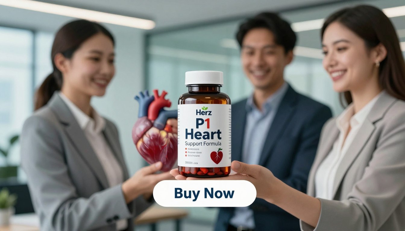A professional, engaging product image showcasing the Herz P1 Heart Support Formula prominently in the foreground. Include a dynamic scene with a confident man and woman, both dressed in professional business attire, holding the product together with smiles. They should be in a well-lit, modern office environment, symbolizing health and vitality. In the middle ground, gently blurred images of healthy hearts or vascular imagery can hint at the product's benefits without overwhelming the scene. The background should feature calming colors like soft blues and greens to evoke a sense of wellness. Position a clear "Buy Now" button below the product image, with the brand name "Health Supplement" displayed prominently. Overall, create an atmosphere of trust and health.