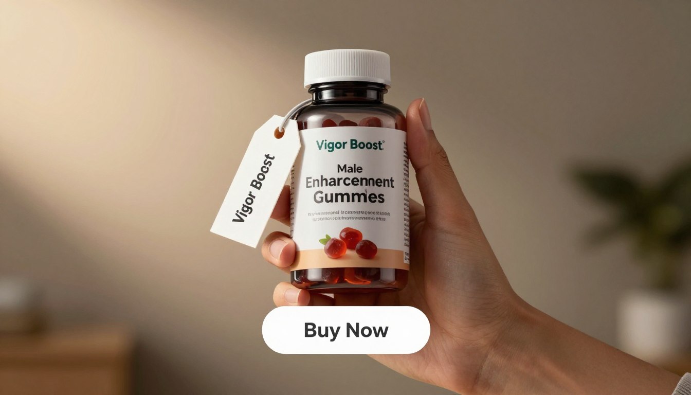 A professional hand holding a sleek bottle of Vigor Boost Male Enhancement Gummies, the product prominently displayed with a label that reads "Male Enhancement Gummies". The background features an elegant, blurred gradient, evoking a sense of sophistication and tranquility. In the foreground, the bottle shines with a soft glow, symbolizing vitality and energy. A clean price tag hangs artistically from the bottle's neck, indicating value. Position a bright, inviting "Buy Now" button subtly to the side, enhancing the allure of the product. The lighting is warm and soft, creating an inviting atmosphere. The composition is captured from a slightly elevated angle, adding depth and focus on the product while maintaining a professional, polished look, perfect for an informative article. A professional hand holding a sleek bottle of Vigor Boost Male Enhancement Gummies, the product prominently displayed with a label that reads "Male Enhancement Gummies". The background features an elegant, blurred gradient, evoking a sense of sophistication and tranquility. In the foreground, the bottle shines with a soft glow, symbolizing vitality and energy. A clean price tag hangs artistically from the bottle's neck, indicating value. Position a bright, inviting "Buy Now" button subtly to the side, enhancing the allure of the product. The lighting is warm and soft, creating an inviting atmosphere. The composition is captured from a slightly elevated angle, adding depth and focus on the product while maintaining a professional, polished look, perfect for an informative article.