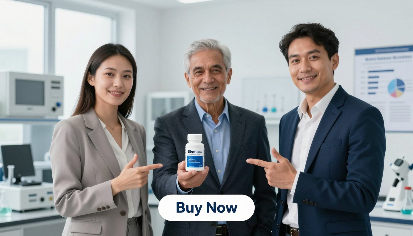 A professional image depicting the safety profile of Elomaas, featuring a diverse man and woman in smart business attire, standing confidently with the Elomaas product prominently displayed. The man is holding the product in one hand, while the woman gestures toward it, showcasing its importance. The background is a bright, modern clinic or laboratory setting, filled with scientific equipment and charts that suggest clinical credibility. Soft, natural lighting highlights their expressions, emphasizing trust and professionalism. A clear "Buy Now" button is visible at the bottom of the image. The overall mood conveys a sense of safety and assurance, reinforcing the notion of clinical evidence supporting the effectiveness of the Male Enhancement brand.