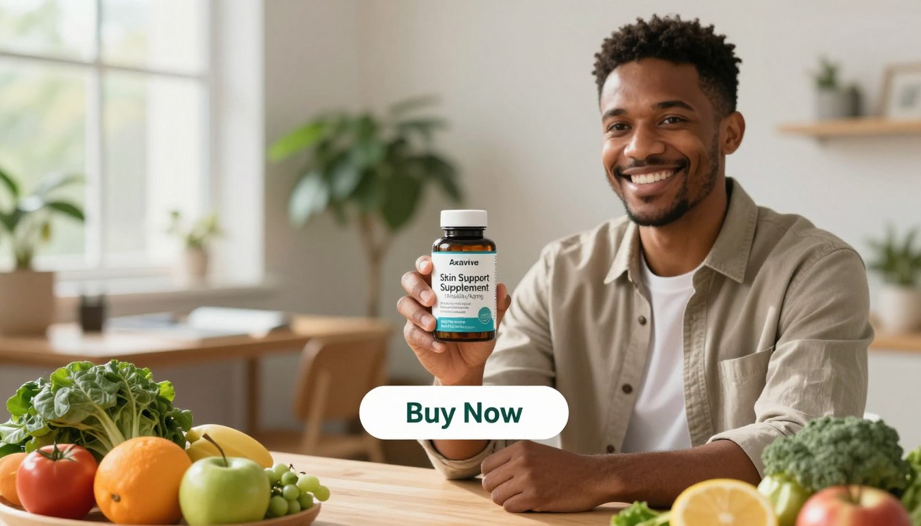 A professional, inviting image showcasing the "Axavive Skin Support Supplement for Healthy Aging." In the foreground, a diverse and smiling adult man in smart casual attire holds the sleek, modern supplement bottle, emphasizing its premium quality. The man is surrounded by health-focused props like fresh fruits and leafy greens to symbolize vitality. In the middle, a soft-focus backdrop features a tranquil home office setting with indoor plants and natural light filtering through a window, creating a sense of calm and wellness. The image should evoke a feeling of optimism and vitality, with bright, warm lighting that enhances the product's appeal. Below the supplement, include a clear, eye-catching "Buy Now" button. The brand name "Health & Wellness" should be featured subtly in the design without distracting from the main focus of the image.
