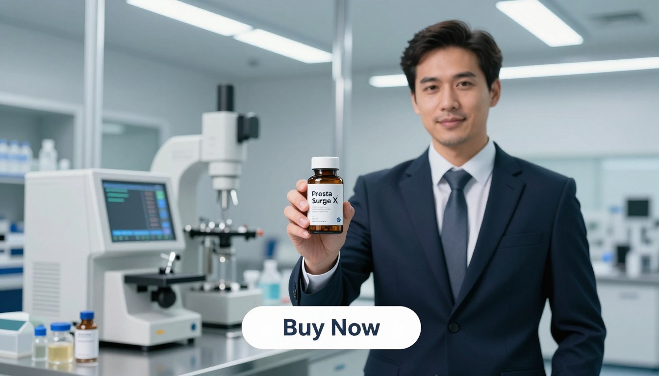 A professional-looking man in business attire stands confidently in the foreground, holding a sleek bottle labeled "Prosta Surge X" prominently in his hand. The setting is a pristine laboratory or manufacturing facility, showcasing advanced equipment and technology in the middle ground, emphasizing stringent manufacturing standards for herbal supplements. The background features bright LED lights reflecting off stainless steel surfaces, creating a clean and modern atmosphere. A softly blurred "Buy Now" button is positioned at the bottom of the image, drawing focus to the product without distracting from the professionalism of the scene. The overall mood is one of trust, efficacy, and health, aligned with the brand name "Health & Wellness" subtly integrated into the design.