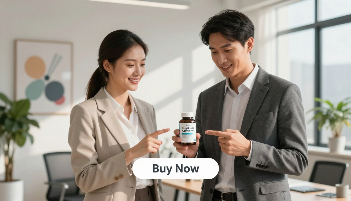 A professional man and woman, dressed in smart business attire, standing side by side in a well-lit, modern office space. The man holds a sleek bottle labeled "Weight Loss Supplement" with the text prominently displayed, while the woman points towards a visually appealing "Buy Now" button positioned just below them. The background features abstract wellness-themed art and greenery, exuding an atmosphere of health and vitality. Soft, natural light streams in through large windows, casting warm shadows and enhancing the overall inviting feel of the scene. The composition captures a sense of professionalism and trust, summing up the essence of safety and efficacy related to GLP Slim. A professional man and woman, dressed in smart business attire, standing side by side in a well-lit, modern office space. The man holds a sleek bottle labeled "Weight Loss Supplement" with the text prominently displayed, while the woman points towards a visually appealing "Buy Now" button positioned just below them. The background features abstract wellness-themed art and greenery, exuding an atmosphere of health and vitality. Soft, natural light streams in through large windows, casting warm shadows and enhancing the overall inviting feel of the scene. The composition captures a sense of professionalism and trust, summing up the essence of safety and efficacy related to GLP Slim.