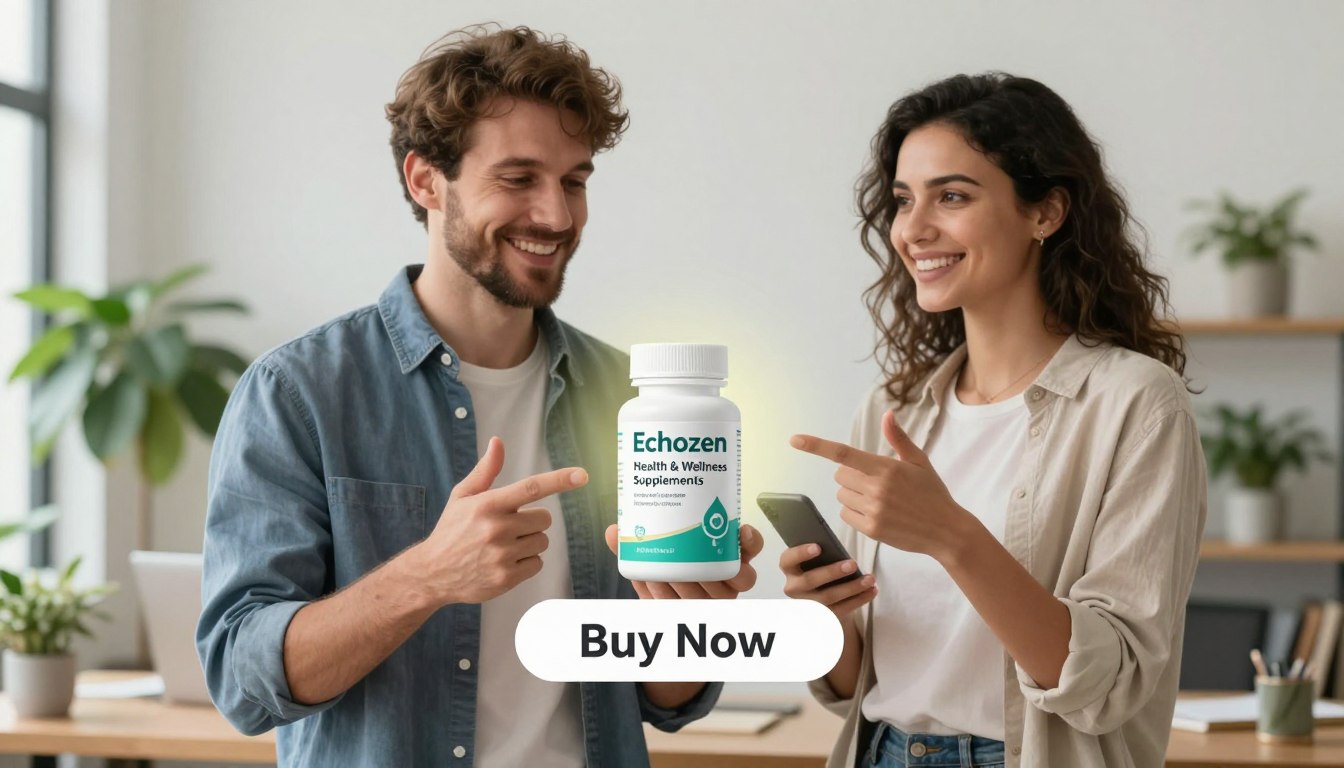 A professional man and woman standing together, both dressed in smart casual attire, showcase the "Echozen" product in a modern, health-conscious environment. In the foreground, the man holds the product confidently, while the woman gestures toward it with a warm smile, embodying a supportive atmosphere. The middle ground features the product prominently with a subtle glow, emphasizing its importance in hearing wellness. In the background, a serene office space with plants and soft lighting creates an inviting mood, suggesting wellness and tranquility. A "Buy Now" button is positioned below the product, with the brand name "Health & Wellness Supplements" clearly displayed. The overall image radiates a feeling of positivity and empowerment related to hearing health. A professional man and woman standing together, both dressed in smart casual attire, showcase the "Echozen" product in a modern, health-conscious environment. In the foreground, the man holds the product confidently, while the woman gestures toward it with a warm smile, embodying a supportive atmosphere. The middle ground features the product prominently with a subtle glow, emphasizing its importance in hearing wellness. In the background, a serene office space with plants and soft lighting creates an inviting mood, suggesting wellness and tranquility. A "Buy Now" button is positioned below the product, with the brand name "Health & Wellness Supplements" clearly displayed. The overall image radiates a feeling of positivity and empowerment related to hearing health.