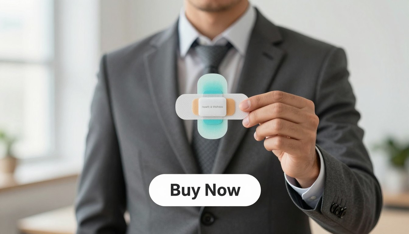A professional man dressed in a smart, modest business suit stands confidently, holding a sleek transdermal berberine health patch prominently in his hand. The patch is beautifully designed, showcasing a clean, modern aesthetic with soft colors and subtle branding that reads "Health & Wellness." In the background, a clean and bright office setting creates a feeling of professionalism and wellness, with soft natural light filtering through a window, giving a warm ambiance. Below the man, a prominent "Buy Now" button is displayed, inviting engagement. The overall mood is one of trust and health, emphasizing the product's role in daily wellness and metabolism support. The camera angle is slightly above eye level, enhancing the focus on the patch and the subject's engagement with it.