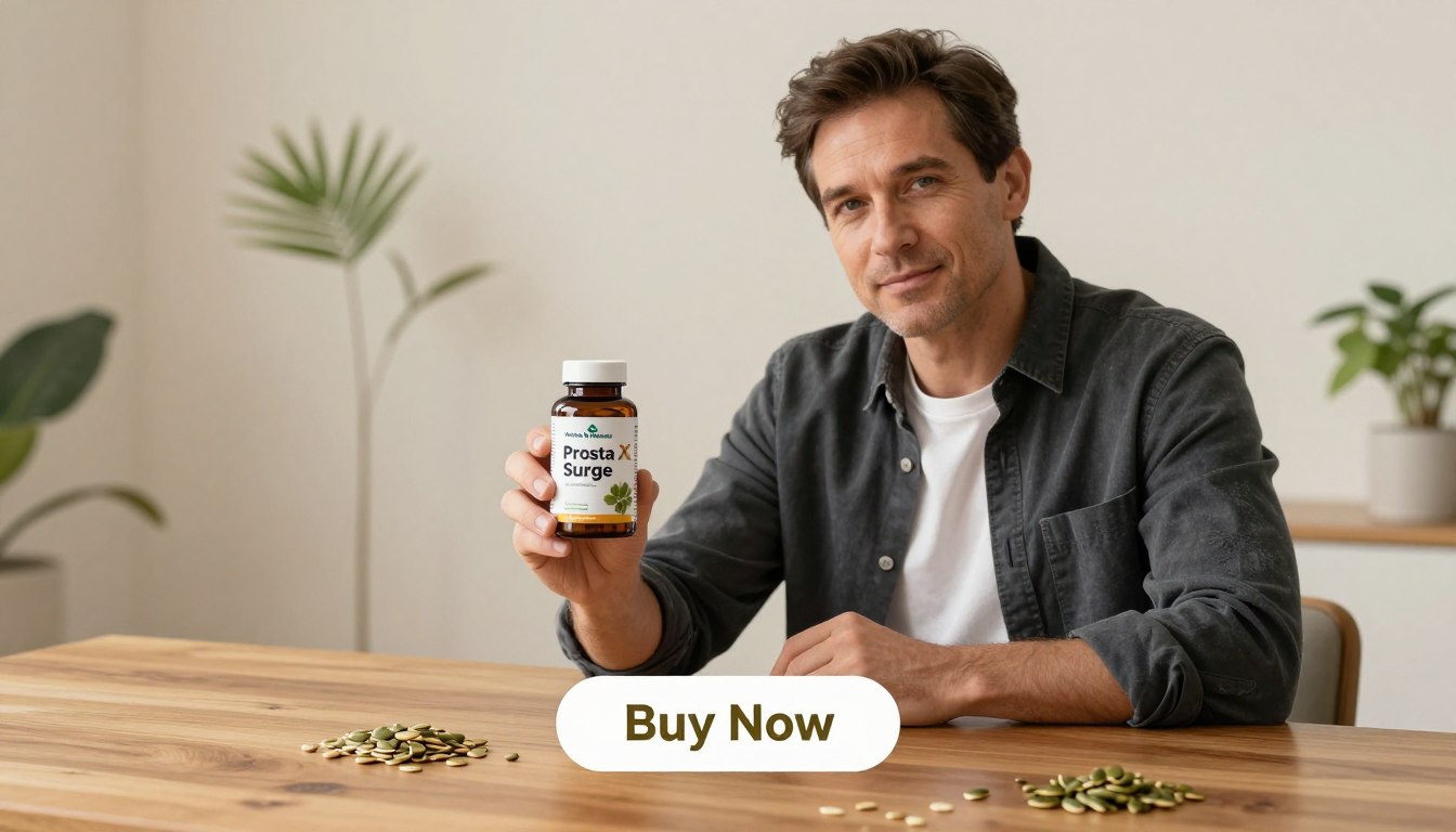 A professional man in his 40s, dressed in a smart casual outfit, is holding a bottle of "Prosta Surge X" in the forefront, showcasing the label clearly. The scene is set on a clean, polished wooden table, indicating a natural and wholesome environment. In the background, subtle imagery of prostate-supporting herbs such as saw palmetto and pumpkin seeds is artistically arranged. Soft, warm lighting enhances the feeling of wellness and tranquility, creating a soothing atmosphere. The angle of the image captures the man’s confident expression as he looks towards the viewer, suggesting trust and reliability. Below the product, a simple, elegant "Buy Now" button beckons, emphasizing a call to action. The brand name "Health & Wellness" is subtly integrated into the design.