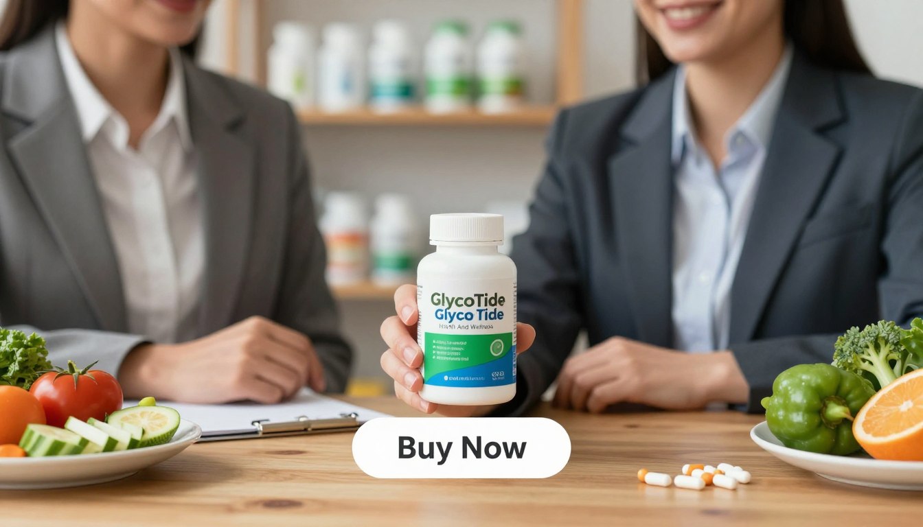 A professional setting featuring a man and woman in business attire, both holding a bottle of "GlycoTide" with vibrant green and blue labels, prominently displaying the brand "Health And Wellness". The foreground showcases the product clearly, while the middle ground includes a stylish wooden table with health-related items such as fresh vegetables and supplements. The background features soft-focused shelves lined with natural health products. The lighting is bright and inviting, creating a sense of trust and reliability, with a warm atmosphere. Place a "Buy Now" button subtly below the product to encourage action. The overall composition should convey a sense of empowerment and support for blood sugar health. A professional setting featuring a man and woman in business attire, both holding a bottle of "GlycoTide" with vibrant green and blue labels, prominently displaying the brand "Health And Wellness". The foreground showcases the product clearly, while the middle ground includes a stylish wooden table with health-related items such as fresh vegetables and supplements. The background features soft-focused shelves lined with natural health products. The lighting is bright and inviting, creating a sense of trust and reliability, with a warm atmosphere. Place a "Buy Now" button subtly below the product to encourage action. The overall composition should convey a sense of empowerment and support for blood sugar health.