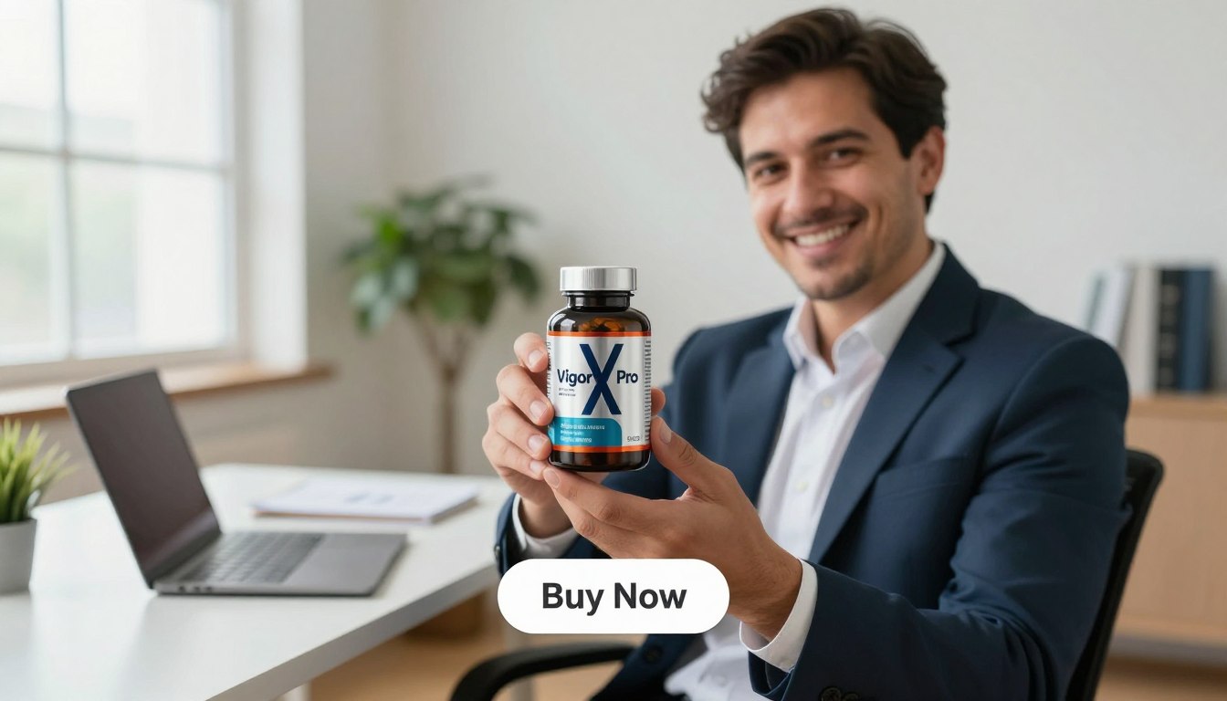 A professional, well-dressed man holding a bottle of VigorX Pro in a bright, modern office setting, symbolizing well-being and confidence. The foreground features the man smiling, presenting the product clearly. In the middle, the bottle of VigorX Pro stands prominently, labeled as "Men’s Sexual Health Supplement." The background includes a sleek desk with a laptop and plants, suggesting a healthy work-life balance. Soft, natural lighting filters through the window, creating an uplifting atmosphere. A subtle "Buy Now" button appears below the product, conveying a sense of action. The camera angle is slightly elevated, focusing on both the man and the product, portraying a message of vitality and empowerment. A professional, well-dressed man holding a bottle of VigorX Pro in a bright, modern office setting, symbolizing well-being and confidence. The foreground features the man smiling, presenting the product clearly. In the middle, the bottle of VigorX Pro stands prominently, labeled as "Men’s Sexual Health Supplement." The background includes a sleek desk with a laptop and plants, suggesting a healthy work-life balance. Soft, natural lighting filters through the window, creating an uplifting atmosphere. A subtle "Buy Now" button appears below the product, conveying a sense of action. The camera angle is slightly elevated, focusing on both the man and the product, portraying a message of vitality and empowerment.