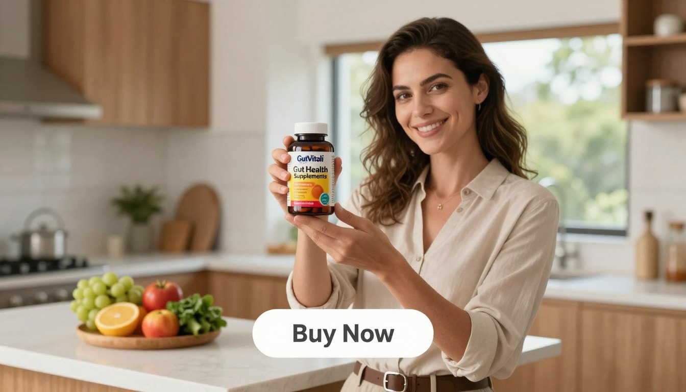 A professional woman in a bright, modern kitchen holds a bottle of "GutVitali" gut health supplement, showcasing its sleek packaging with a vibrant label featuring the brand name "Gut Health Supplements." The woman has a friendly smile, dressed in smart casual attire, exuding confidence and health. The foreground highlights her as she gently tilts the bottle towards the viewer, while the middle features a clean countertop with fresh fruits and vegetables, symbolizing wellness. In the background, natural light floods the room, accentuating earthy tones and greenery through a window, creating a warm and inviting atmosphere. A subtle, elegant "Buy Now" button appears below the scene, enhancing the product focus. The overall tone is uplifting and health-focused, designed to inspire viewers about revitalizing their gut health.
