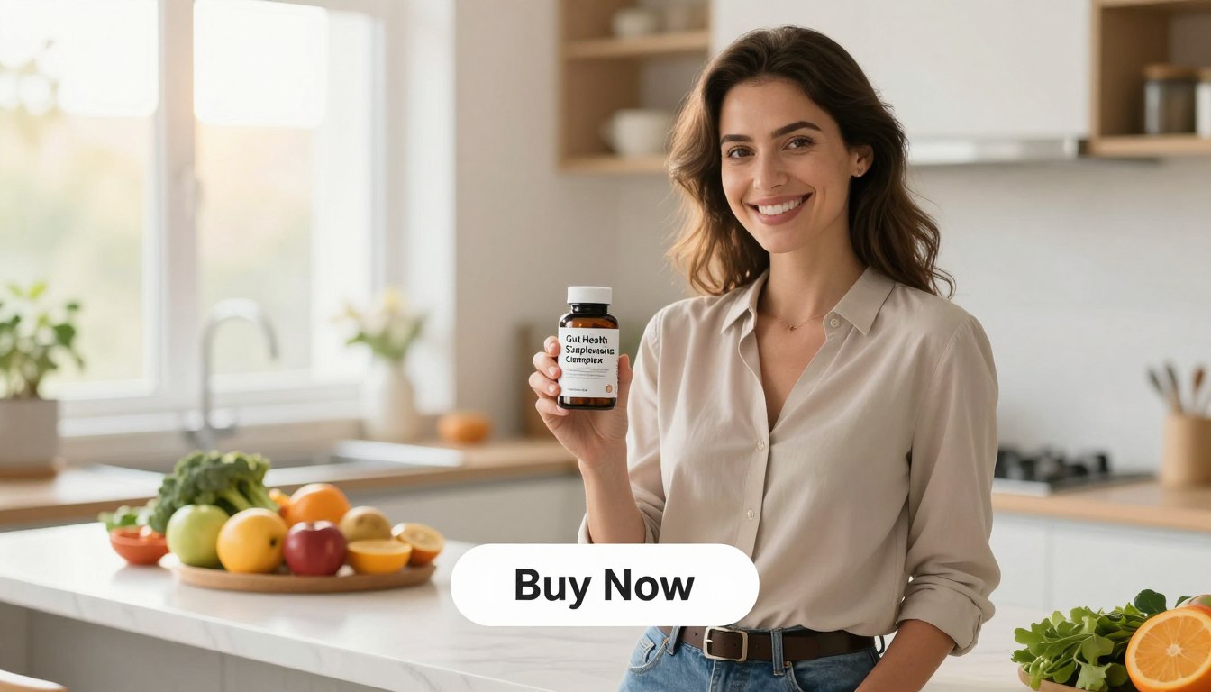 A professional woman in a modern, bright kitchen holds a bottle of "Gut Health Supplements" showcasing the Digestive Enzyme Complex. The foreground features the woman smiling confidently, dressed in smart casual attire that conveys professionalism. The middle ground includes a clean, well-organized kitchen counter with fresh fruits and vegetables, representing a healthy lifestyle. The background is softly blurred, depicting a sunlit window allowing warm, natural light to illuminate the scene, creating an inviting atmosphere. The overall mood is vibrant and optimistic, emphasizing wellness and digestive health. A sleek "Buy Now" button is subtly placed below the product, ensuring a cohesive design without distractions or text overlays.