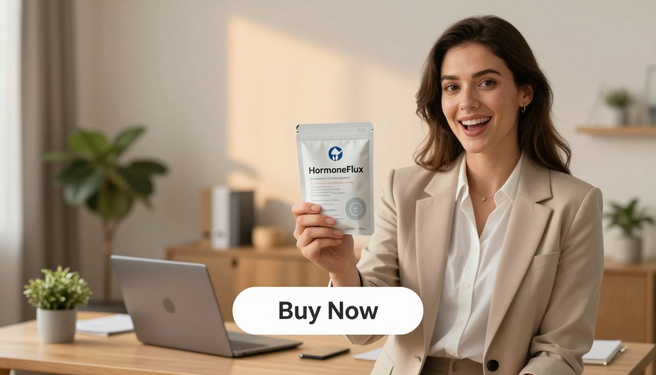 A professional woman in business attire, confidently holding a sleek package of "HormoneFlux" in her hand, standing in a softly lit, modern office space. The background features a stylish desk with a plant and a laptop, creating an atmosphere of productivity and wellness. In the foreground, the focus is on the product and the woman’s enthusiastic expression, highlighting the concept of hormone support specifically for women. Below, a subtle "Buy Now" button is integrated into the design. The lighting is warm and inviting, suggesting a sense of trust and assurance, while the composition captures a feeling of empowerment, reflecting the benefits of improved libido, mood, and focus. A professional woman in business attire, confidently holding a sleek package of "HormoneFlux" in her hand, standing in a softly lit, modern office space. The background features a stylish desk with a plant and a laptop, creating an atmosphere of productivity and wellness. In the foreground, the focus is on the product and the woman’s enthusiastic expression, highlighting the concept of hormone support specifically for women. Below, a subtle "Buy Now" button is integrated into the design. The lighting is warm and inviting, suggesting a sense of trust and assurance, while the composition captures a feeling of empowerment, reflecting the benefits of improved libido, mood, and focus.