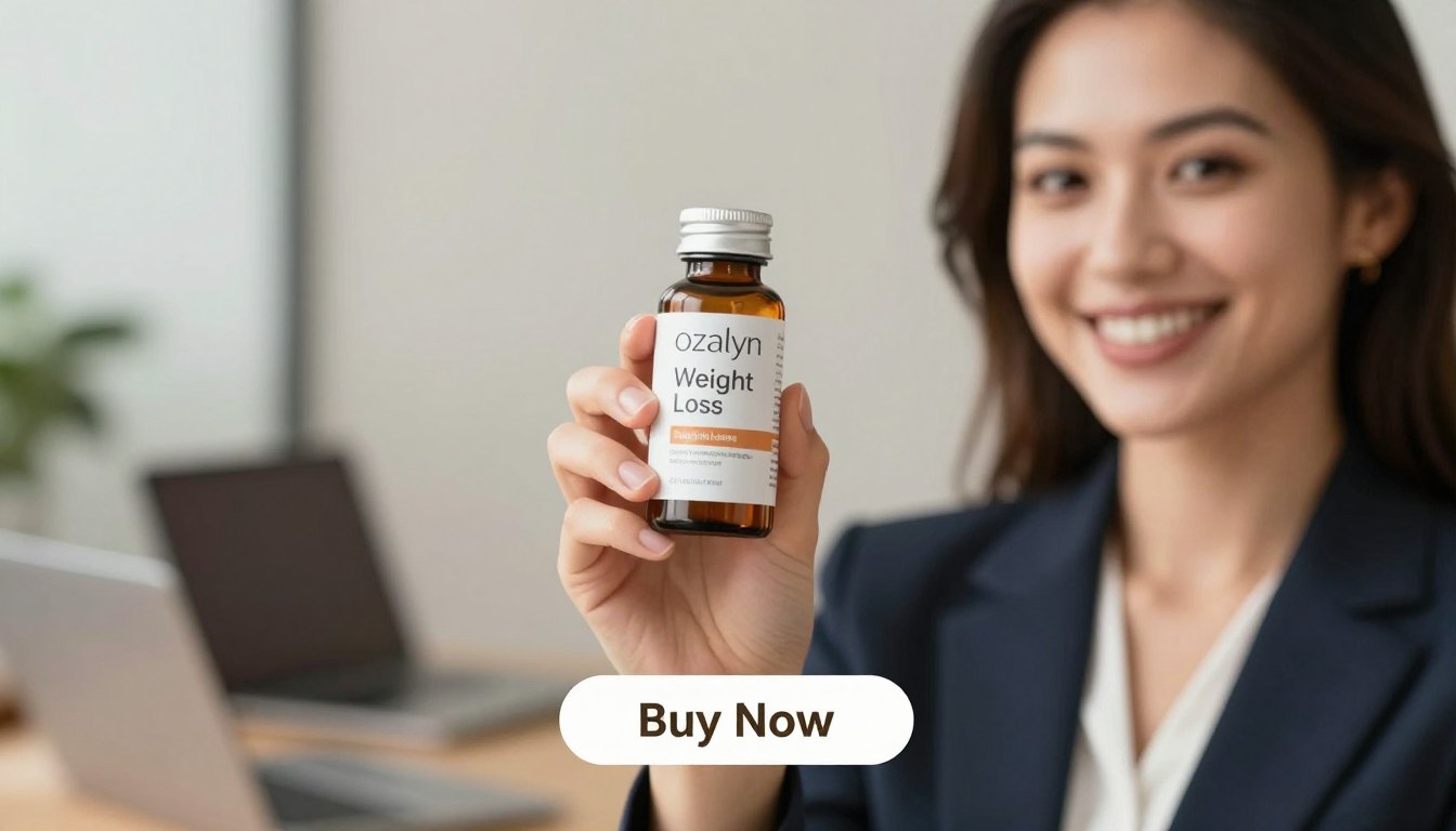 A professional woman in business attire is holding a sleek, modern bottle of Ozalyn, showcasing its unique three-component formula. The foreground features her confidently displaying the product with a radiant smile, emphasizing empowerment and strength. In the middle, the Ozalyn bottle is prominently featured, with labels showcasing "Weight Loss" in elegant typography. The background is a softly blurred office setting, infused with warm, natural lighting to create an inviting atmosphere. A soft focus highlights the product's details, while a stylish "Buy Now" button is elegantly placed beneath the image. The overall mood is inspiring and uplifting, promoting wellness and vitality. A professional woman in business attire is holding a sleek, modern bottle of Ozalyn, showcasing its unique three-component formula. The foreground features her confidently displaying the product with a radiant smile, emphasizing empowerment and strength. In the middle, the Ozalyn bottle is prominently featured, with labels showcasing "Weight Loss" in elegant typography. The background is a softly blurred office setting, infused with warm, natural lighting to create an inviting atmosphere. A soft focus highlights the product's details, while a stylish "Buy Now" button is elegantly placed beneath the image. The overall mood is inspiring and uplifting, promoting wellness and vitality.