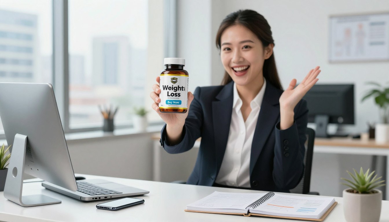 A professional woman in business attire stands confidently holding a bottle of QuickBurn BHB supplement in a well-lit, modern office setting. The image captures her enthusiastic expression, emphasizing the benefits of the product. In the foreground, the sleek bottle is prominently displayed, labeled "Weight Loss," alongside an attention-grabbing "Buy Now" button. The middle ground features a neatly arranged desk with fitness-related items like a smartphone displaying workout apps and a notebook with healthy meal plans. In the background, large windows let in natural light, showcasing a view of a bustling cityscape. The atmosphere conveys motivation and empowerment, with a clean, inspiring design that invites viewers to learn more.