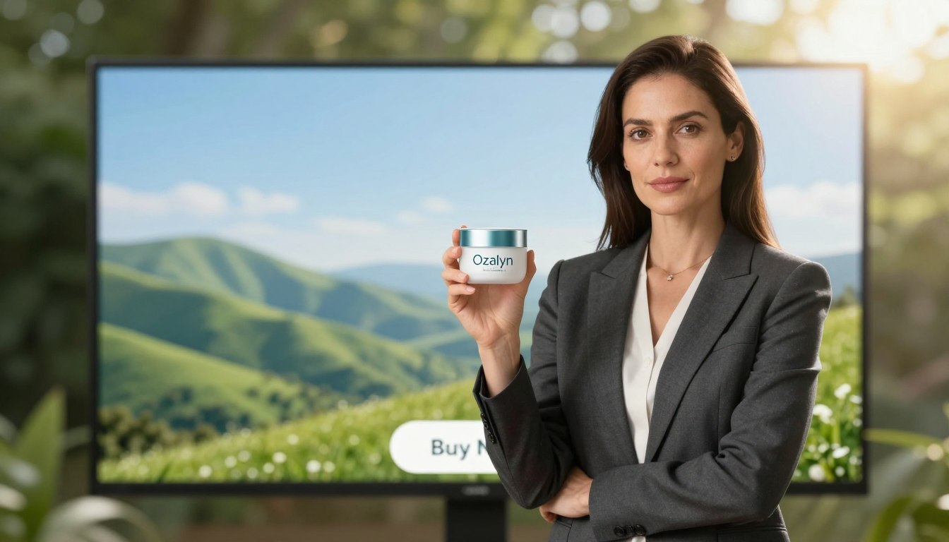 A professional woman in business attire stands confidently in the foreground, holding a sleek, modern product labeled "Ozalyn" in her hands. She has an expression of empowerment and determination. In the middle ground, a blurred display of serene nature, such as green hills and a bright blue sky, symbolizes the journey of personal growth and inner strength. The background features soft sunlight filtering through trees, creating a warm and uplifting atmosphere. The composition is shot at eye level, using a lens that gently blurs the background to focus on the woman and the product. Below her, a subtle, elegant "Buy Now" button is integrated into the scene, enhancing the call to action. The overall mood is inspiring, motivating, and professional. A professional woman in business attire stands confidently in the foreground, holding a sleek, modern product labeled "Ozalyn" in her hands. She has an expression of empowerment and determination. In the middle ground, a blurred display of serene nature, such as green hills and a bright blue sky, symbolizes the journey of personal growth and inner strength. The background features soft sunlight filtering through trees, creating a warm and uplifting atmosphere. The composition is shot at eye level, using a lens that gently blurs the background to focus on the woman and the product. Below her, a subtle, elegant "Buy Now" button is integrated into the scene, enhancing the call to action. The overall mood is inspiring, motivating, and professional.