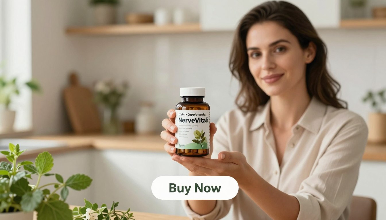 A professional woman in casual yet polished attire holds a bottle labeled "Dietary Supplements: NerveVitali" in the foreground, showcasing the supplement’s natural design. Her expression is confident and relaxed, reflecting well-being. Surround her with soft, organic elements such as fresh herbs, leaves, and subtle floral arrangements in the middle ground, hinting at the natural ingredients. The background should feature a softly blurred kitchen or wellness space, bathed in warm, natural light that creates a welcoming atmosphere. A subtle 'Buy Now' button appears below the bottle, harmonizing with the overall design. The image conveys tranquility and vitality, emphasizing a natural approach to nerve support. A professional woman in casual yet polished attire holds a bottle labeled "Dietary Supplements: NerveVitali" in the foreground, showcasing the supplement’s natural design. Her expression is confident and relaxed, reflecting well-being. Surround her with soft, organic elements such as fresh herbs, leaves, and subtle floral arrangements in the middle ground, hinting at the natural ingredients. The background should feature a softly blurred kitchen or wellness space, bathed in warm, natural light that creates a welcoming atmosphere. A subtle 'Buy Now' button appears below the bottle, harmonizing with the overall design. The image conveys tranquility and vitality, emphasizing a natural approach to nerve support.