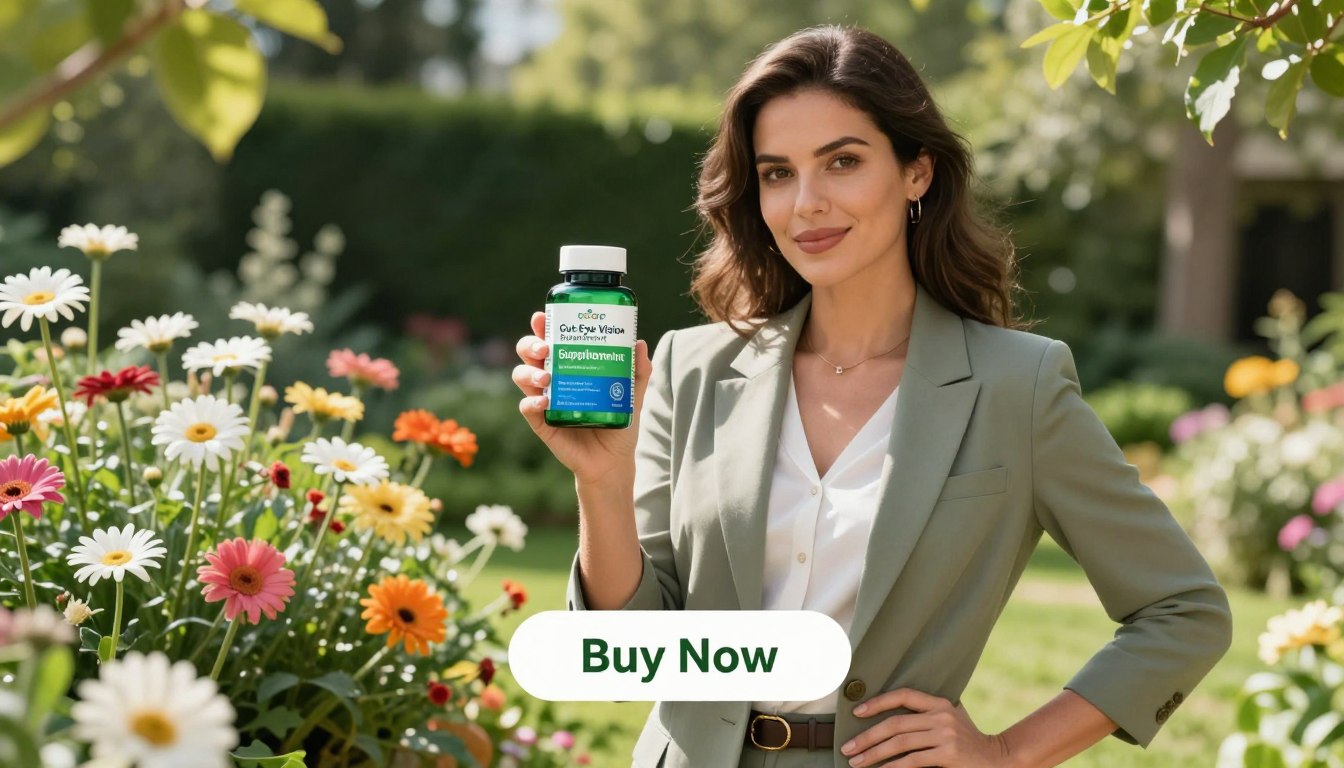 A professional woman in smart casual attire holds a bottle labeled "Gut-Eye Vision Supplement," showcasing a vibrant green and blue design that reflects health and vitality. The focus is on her confident expression and poised stance as she stands in a bright, sunlit outdoor garden filled with stunning blooms and lush greenery. In the background, colorful flowers like daisies and gerberas create an inviting atmosphere, symbolizing the supplement's natural ingredients. Soft sunlight filters through the leaves, casting gentle shadows and highlighting the product's label. Below the woman, a clear "Buy Now" button is integrated into the image design, emphasizing the call to action. The overall mood evokes a sense of empowerment and well-being, illustrating the benefits of the vision support supplement. A professional woman in smart casual attire holds a bottle labeled "Gut-Eye Vision Supplement," showcasing a vibrant green and blue design that reflects health and vitality. The focus is on her confident expression and poised stance as she stands in a bright, sunlit outdoor garden filled with stunning blooms and lush greenery. In the background, colorful flowers like daisies and gerberas create an inviting atmosphere, symbolizing the supplement's natural ingredients. Soft sunlight filters through the leaves, casting gentle shadows and highlighting the product's label. Below the woman, a clear "Buy Now" button is integrated into the image design, emphasizing the call to action. The overall mood evokes a sense of empowerment and well-being, illustrating the benefits of the vision support supplement.