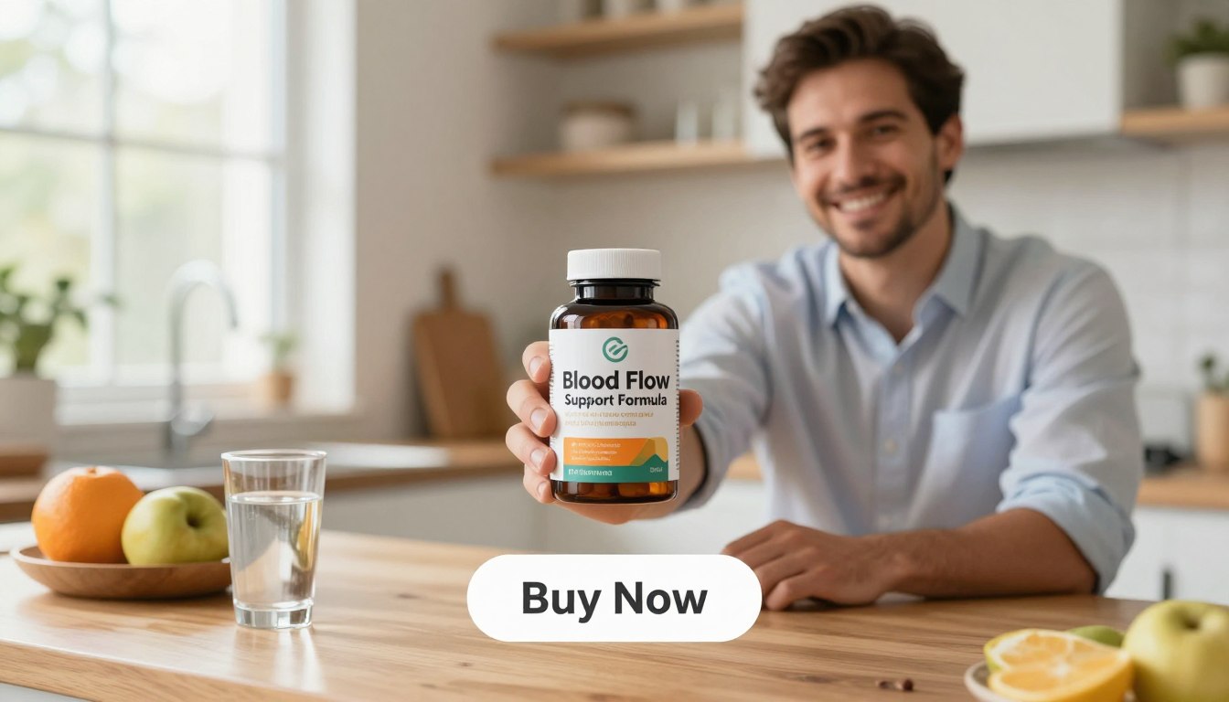 A professionally dressed man in a bright, well-lit kitchen holds a sleek bottle of "Blood Flow Support Formula," showcasing a modern label emphasizing vitality and health. In the foreground, the man smiles confidently, exuding an air of vitality and wellness. The middle ground features the product prominently displayed on a wooden kitchen counter, surrounded by some fresh fruits and a glass of water, highlighting a healthy lifestyle. The background includes soft, natural lighting filtering through a window, adding warmth to the scene. A subtle reminder of wellness, a "Buy Now" button is elegantly placed below the product, ensuring it fits seamlessly into the image. The atmosphere is uplifting and energizing, reflecting the essence of daily vitality support. A professionally dressed man in a bright, well-lit kitchen holds a sleek bottle of "Blood Flow Support Formula," showcasing a modern label emphasizing vitality and health. In the foreground, the man smiles confidently, exuding an air of vitality and wellness. The middle ground features the product prominently displayed on a wooden kitchen counter, surrounded by some fresh fruits and a glass of water, highlighting a healthy lifestyle. The background includes soft, natural lighting filtering through a window, adding warmth to the scene. A subtle reminder of wellness, a "Buy Now" button is elegantly placed below the product, ensuring it fits seamlessly into the image. The atmosphere is uplifting and energizing, reflecting the essence of daily vitality support.