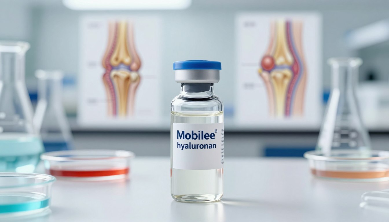 A realistic, detailed representation of the Mobilee® hyaluronan matrix, showcased in a well-lit laboratory setting. In the foreground, a clear, high-quality vial containing a viscous, translucent liquid symbolizes the hyaluronan matrix. The middle layer features a scientific backdrop with lab equipment like beakers and petri dishes, emphasizing research and innovation in joint health. The background includes soft-focus illustrations of human joints and connective tissue, highlighting the matrix's role in joint revitalization. The lighting is bright and clinical, conveying a sense of professionalism and trust. The overall mood is informative and engaging, appealing to readers interested in health and wellness. A realistic, detailed representation of the Mobilee® hyaluronan matrix, showcased in a well-lit laboratory setting. In the foreground, a clear, high-quality vial containing a viscous, translucent liquid symbolizes the hyaluronan matrix. The middle layer features a scientific backdrop with lab equipment like beakers and petri dishes, emphasizing research and innovation in joint health. The background includes soft-focus illustrations of human joints and connective tissue, highlighting the matrix's role in joint revitalization. The lighting is bright and clinical, conveying a sense of professionalism and trust. The overall mood is informative and engaging, appealing to readers interested in health and wellness.