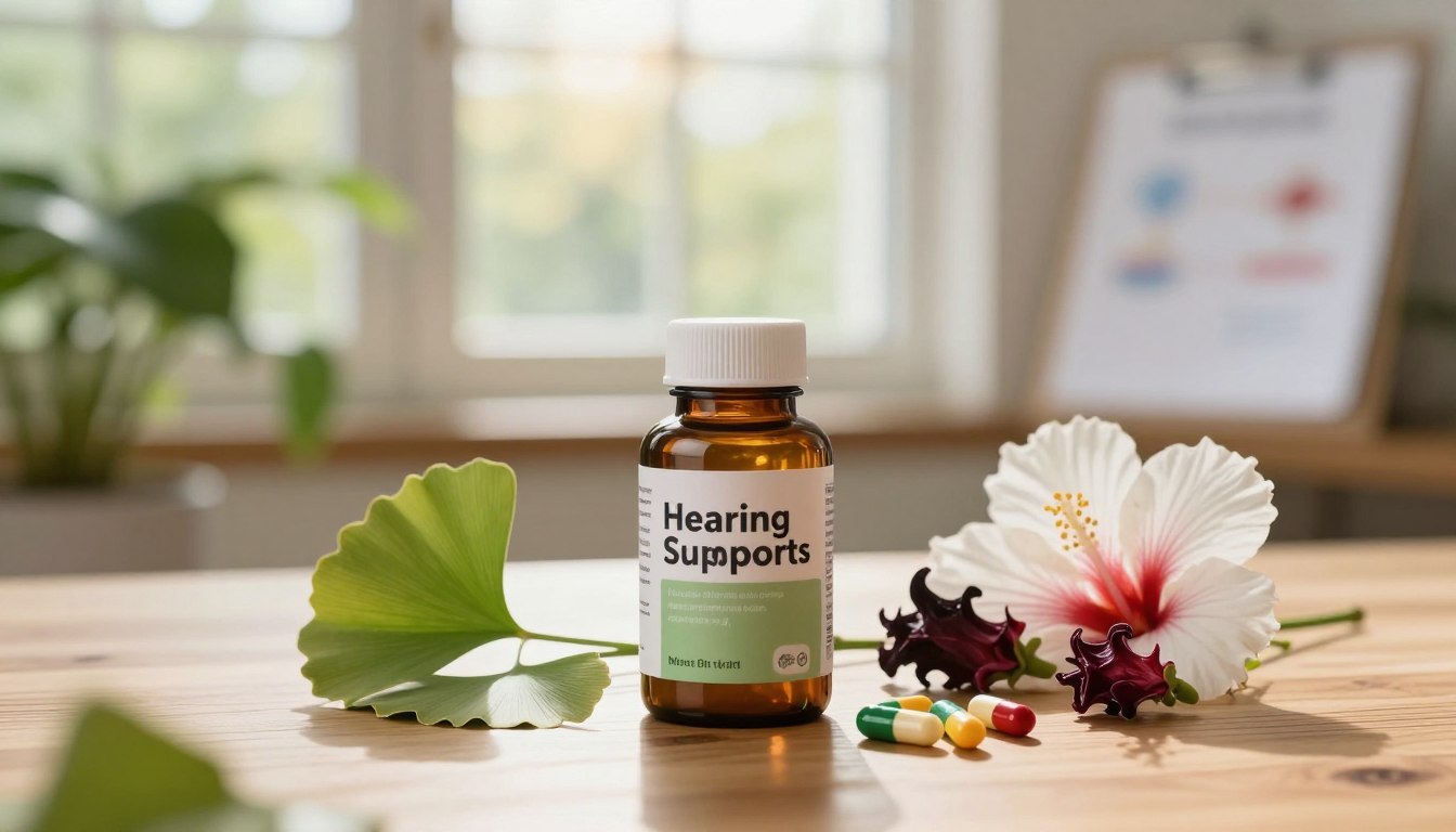 A scenic, tranquil setting featuring a bottle of natural hearing support supplement prominently in the foreground, elegantly placed on a wooden table. The bottle is surrounded by fresh herbs like ginkgo biloba and hibiscus, and a few colorful capsules scattered nearby, reflecting the essence of natural healing. In the middle ground, soft-focus green plants provide a calming backdrop, evoking a sense of wellness and rejuvenation. The background shows a sun-drenched room with gentle, warm light streaming through a large window, creating an inviting atmosphere. A hint of blurred medical charts can be subtly seen in the distance, suggesting a professional context. The overall mood is soothing, promoting the concept of natural hearing restoration with an air of professionalism and authenticity.