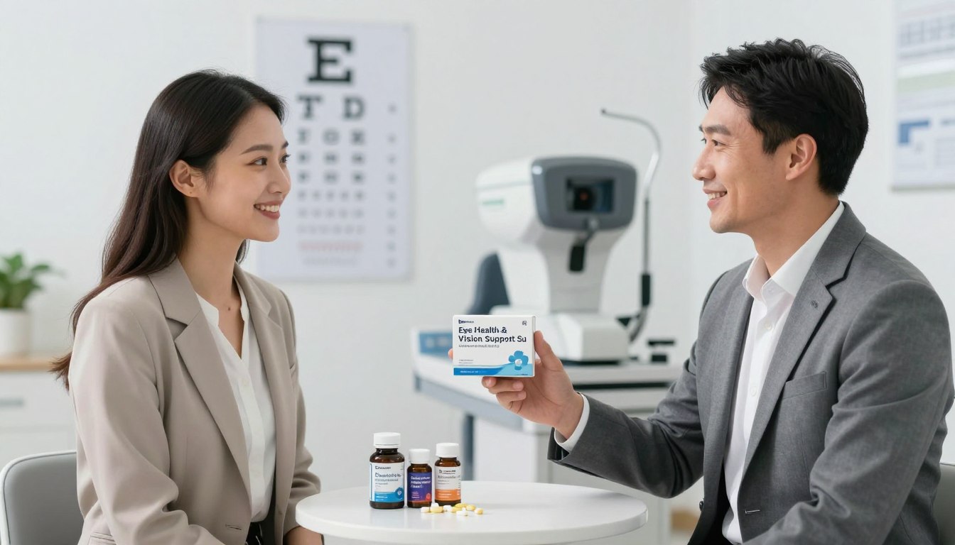 A serene and clean clinical setting with soft, natural lighting to evoke a sense of calm and wellness. In the foreground, a man and woman, both dressed in professional business attire, are smiling as they hold the "Eye Health & Vision Support Su" product prominently in hand. Their expressions convey trust and optimism regarding eye health. In the middle ground, a small table displays additional eye health supplements, visually reinforcing the theme of vision support. The background features a blurred image of an eye chart and a modern eye examination machine, subtly illustrating eye care. The overall atmosphere is one of positivity and reassurance, emphasizing the importance of modern eye health solutions. No text or logos are present.
