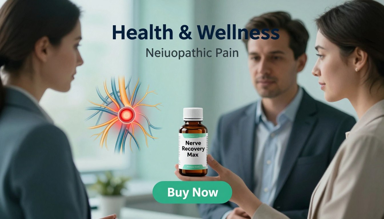 A serene and informative scene depicting the understanding of neuropathic pain and nerve damage. In the foreground, a man and woman, dressed in professional business attire, examine a herbal product labeled "Nerve Recovery Max" with visible interest. The middle ground features anatomical illustrations of nerves and a stylized representation of nerve damage, capturing the essence of nerve repair and pain relief. The background is softly lit, creating a calming atmosphere with subtle hues of blue and green, symbolizing healing and tranquility. A "Buy Now" button is strategically placed below the product. The brand name "Health & Wellness" is elegantly integrated into the design, enhancing the overall professional look and feel of the image.