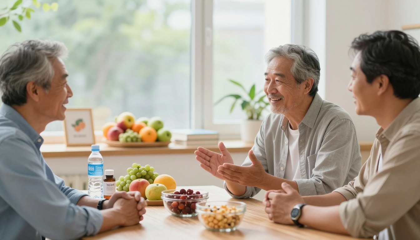 A serene and informative scene illustrating prostate and urinary wellness in men. In the foreground, a diverse group of three mature men, dressed in smart casual attire, is engaged in a friendly discussion around a table filled with healthy snacks and supplements, emphasizing communal support. In the middle ground, a soft-focus display of healthy lifestyle elements, such as fresh fruits, water bottles, and wellness books, is visible. The background features a bright and inviting room with large windows bathed in natural light, greenery peeking through, creating a sense of calm and tranquility. The overall mood is uplifting and encouraging, highlighting the importance of health awareness and support among men. Use a warm color palette with soft lighting to enhance the welcoming atmosphere. A serene and informative scene illustrating prostate and urinary wellness in men. In the foreground, a diverse group of three mature men, dressed in smart casual attire, is engaged in a friendly discussion around a table filled with healthy snacks and supplements, emphasizing communal support. In the middle ground, a soft-focus display of healthy lifestyle elements, such as fresh fruits, water bottles, and wellness books, is visible. The background features a bright and inviting room with large windows bathed in natural light, greenery peeking through, creating a sense of calm and tranquility. The overall mood is uplifting and encouraging, highlighting the importance of health awareness and support among men. Use a warm color palette with soft lighting to enhance the welcoming atmosphere.