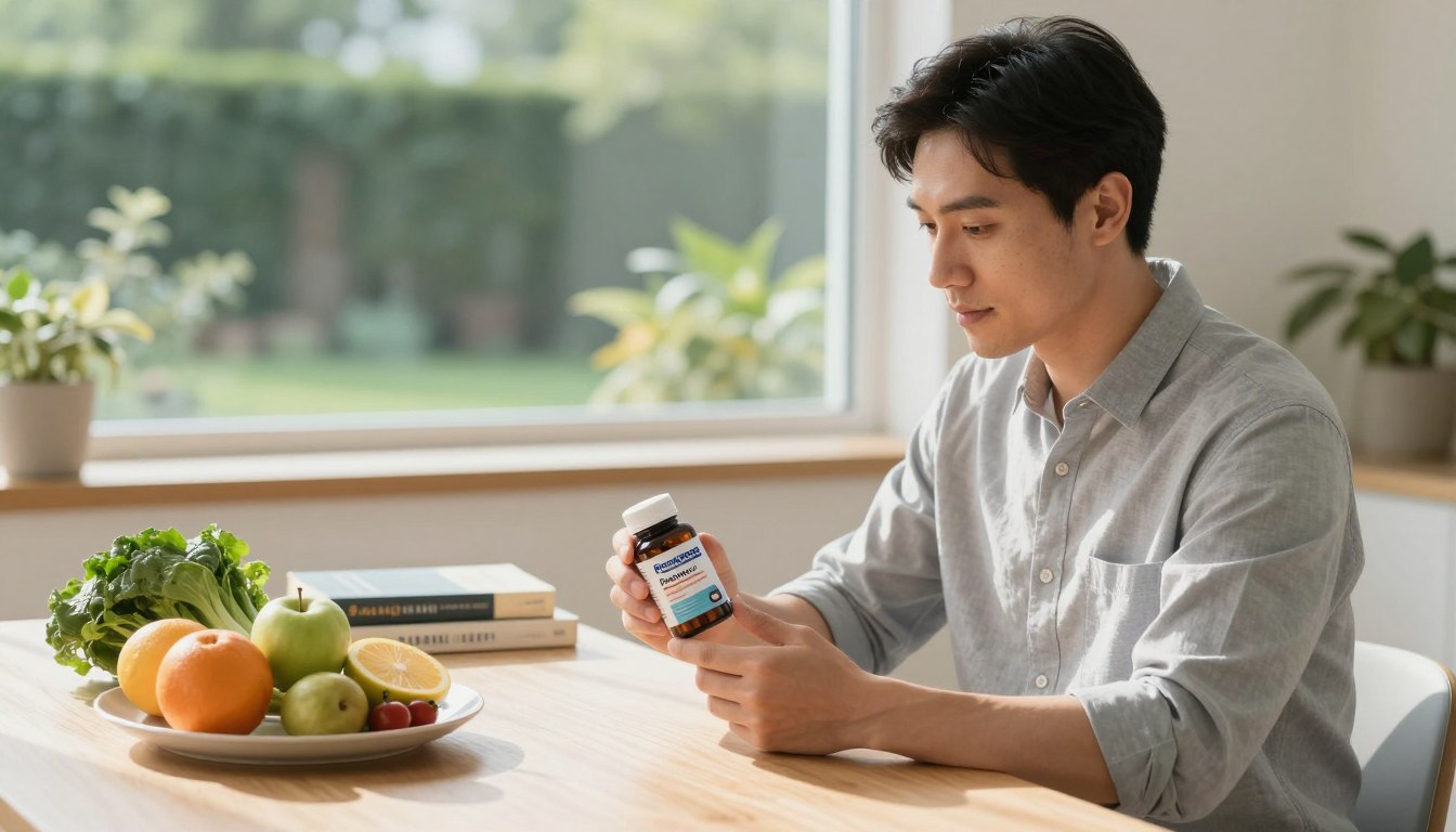 A serene and informative scene illustrating the concept of prostate health support. In the foreground, a professional-looking male figure in a smart casual outfit, focused and engaged, examining a bottle of ProstAfense prostate support supplement. The middle ground features a well-lit table adorned with fresh fruits, leafy greens, and health-related books to emphasize a holistic approach to wellness. In the background, a softly lit window reveals a tranquil garden view, enhancing the calm atmosphere. Soft natural light streams in, casting gentle shadows that create a peaceful and inviting mood, suggesting a balance between health and nature. The composition focuses on the elements of health and well-being without any text or distractions.