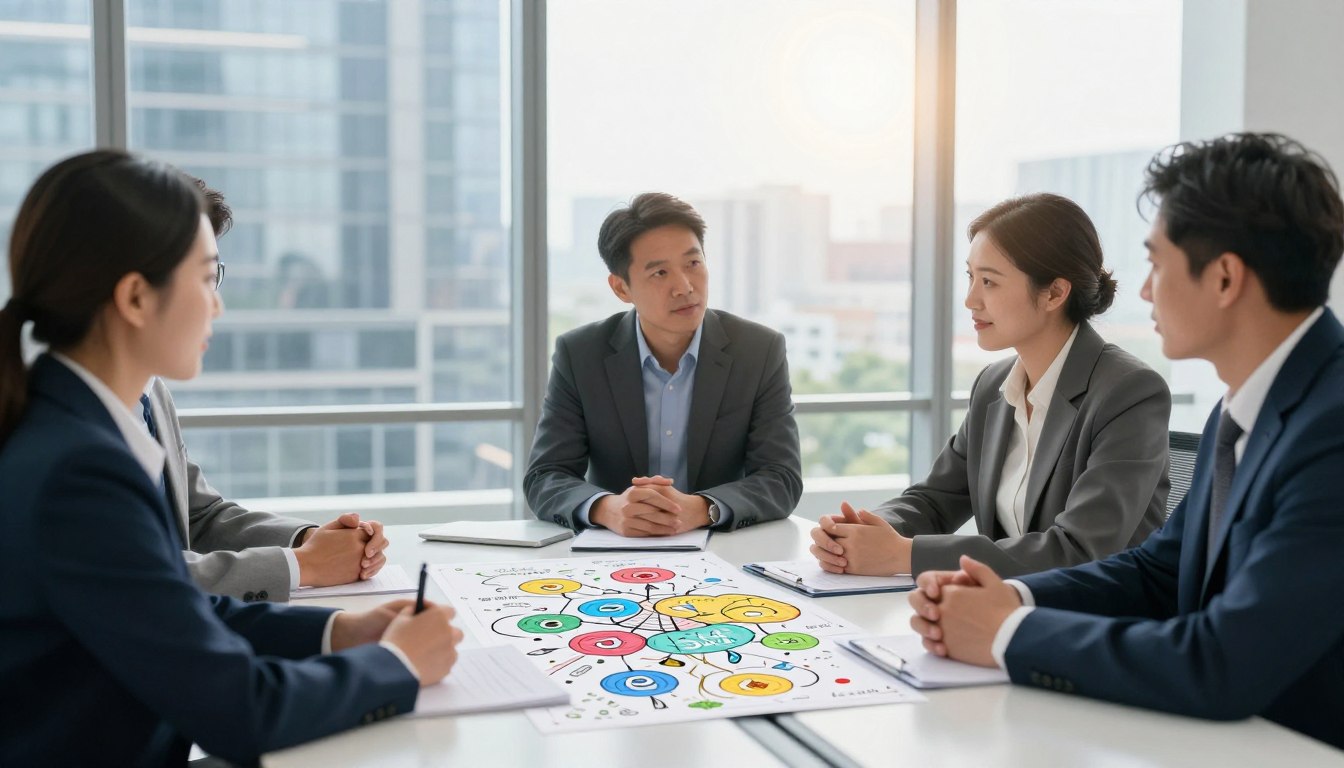 A serene and inspiring office environment as the foreground, featuring a diverse group of three professionals, all dressed in smart business attire, engaged in a collaborative discussion around a sleek, modern conference table. The middle layer showcases an array of colorful mind maps and diagrams spread out on the table, symbolizing cognitive enhancement and focus. In the background, a large window reveals a bright, sunlit cityscape, infusing the scene with natural light and a sense of openness. The atmosphere is motivational and energetic, with a hint of creativity and innovation, captured with a soft-focus lens to emphasize teamwork and professionalism. The overall mood conveys clarity, intelligence, and the transformative benefits of the Mind Vault brain supplement.