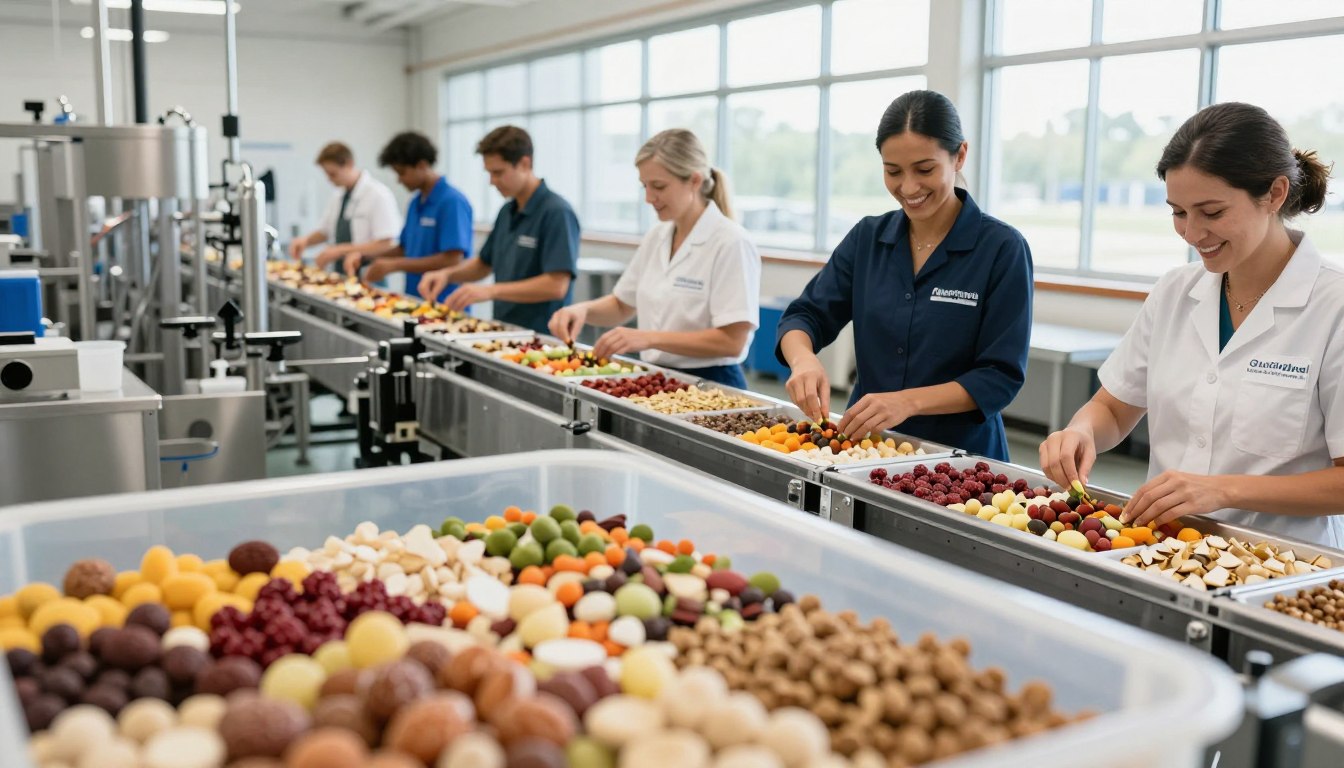 A serene and inviting American manufacturing facility, showcasing the production of Glucotrust Bites. In the foreground, a close-up view of high-quality ingredients carefully being mixed, with vibrant colors reflecting freshness. The middle ground features a modern, sleek assembly line where health-conscious workers, dressed in professional business attire, ensure the quality of the bites. Each worker wears a friendly smile, embodying dedication and precision. In the background, large windows allow natural light to pour in, illuminating the space and creating a bright, optimistic atmosphere. The focus is on showcasing a responsible, health-oriented manufacturing process with a sense of pride in American craftsmanship and innovation. Capture this scene from a slightly elevated angle to emphasize the cleanliness and organization of the facility. A serene and inviting American manufacturing facility, showcasing the production of Glucotrust Bites. In the foreground, a close-up view of high-quality ingredients carefully being mixed, with vibrant colors reflecting freshness. The middle ground features a modern, sleek assembly line where health-conscious workers, dressed in professional business attire, ensure the quality of the bites. Each worker wears a friendly smile, embodying dedication and precision. In the background, large windows allow natural light to pour in, illuminating the space and creating a bright, optimistic atmosphere. The focus is on showcasing a responsible, health-oriented manufacturing process with a sense of pride in American craftsmanship and innovation. Capture this scene from a slightly elevated angle to emphasize the cleanliness and organization of the facility.