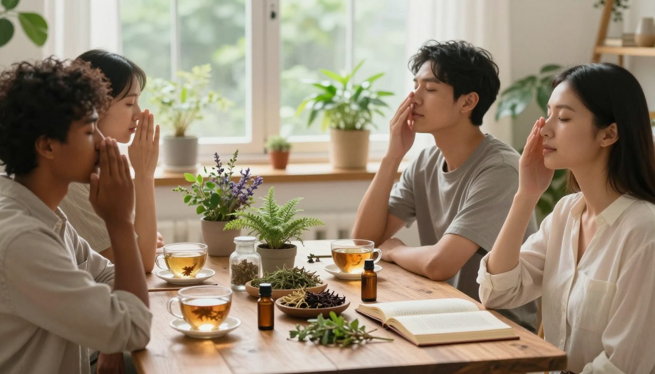A serene and inviting indoor setting showcasing a blend of nature and respiratory health. In the foreground, a diverse group of three individuals, dressed in modest casual clothing, are engaged in deep, relaxed breaths while using various natural remedies like herbal teas and essential oils, reflecting comfort and relief. The middle features a wooden table adorned with plants, fragrant herbs, and an open book on natural respiratory solutions, symbolizing knowledge and wellness. The background reveals a sunlit window with greenery outside, creating a warm and refreshing atmosphere. Soft, diffused lighting enhances the tranquil mood, while subtle shadows add depth. The overall composition embodies a holistic approach to respiratory challenges through natural solutions, inviting a sense of peace and wellbeing. A serene and inviting indoor setting showcasing a blend of nature and respiratory health. In the foreground, a diverse group of three individuals, dressed in modest casual clothing, are engaged in deep, relaxed breaths while using various natural remedies like herbal teas and essential oils, reflecting comfort and relief. The middle features a wooden table adorned with plants, fragrant herbs, and an open book on natural respiratory solutions, symbolizing knowledge and wellness. The background reveals a sunlit window with greenery outside, creating a warm and refreshing atmosphere. Soft, diffused lighting enhances the tranquil mood, while subtle shadows add depth. The overall composition embodies a holistic approach to respiratory challenges through natural solutions, inviting a sense of peace and wellbeing.