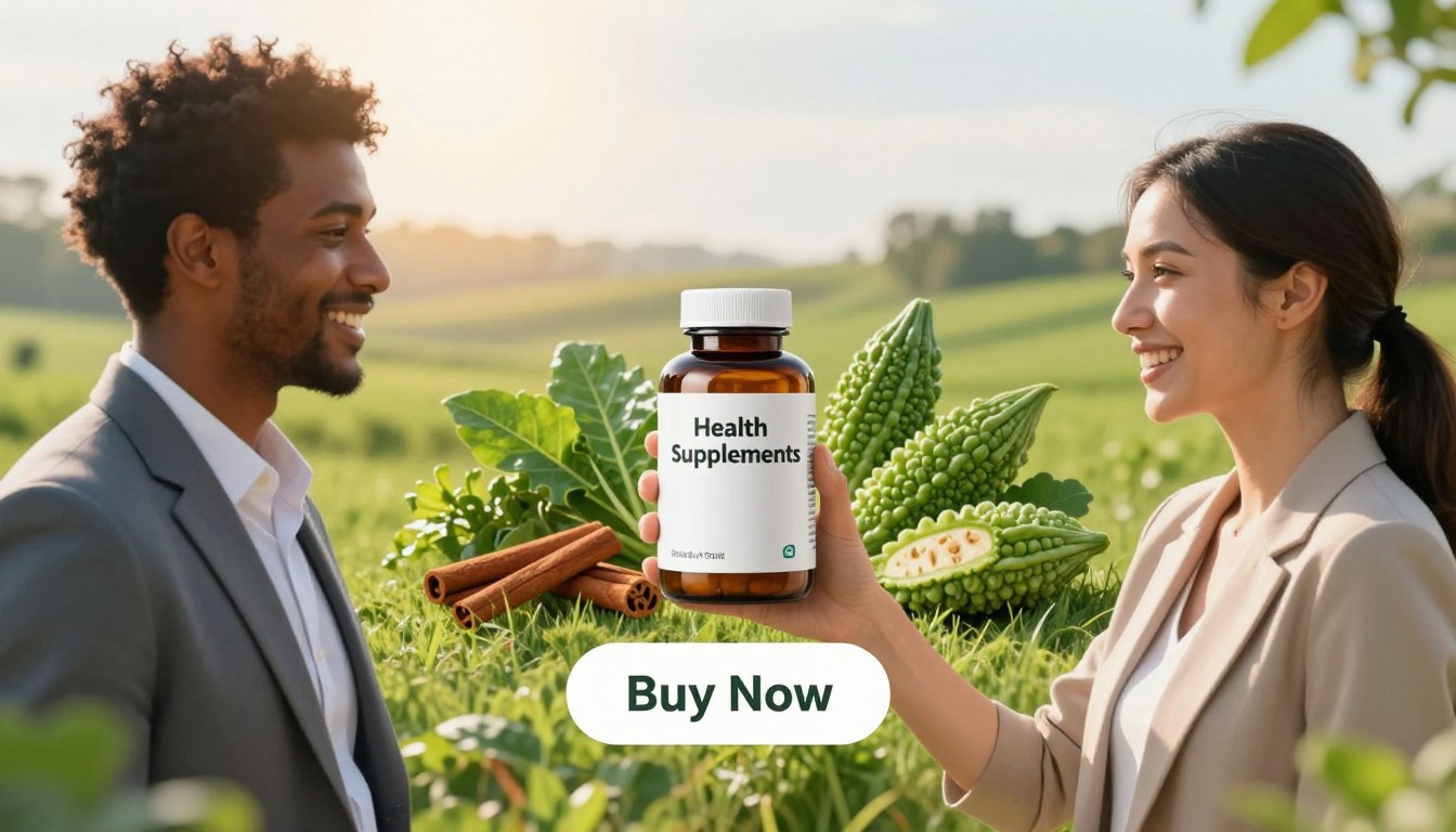 A serene and inviting scene depicting natural blood sugar control solutions. In the foreground, a diverse man and woman, dressed in professional business attire, are happily holding a sleek bottle labeled "Health Supplements". They are positioned in a way that highlights the product while radiating enthusiasm for a healthy lifestyle. The middle ground features a variety of natural ingredients such as cinnamon, bitter melon, and leafy greens, artistically arranged to emphasize their importance in blood sugar regulation. In the background, soft green fields and gentle sunlight create a warm and optimistic atmosphere, symbolizing well-being and vitality. The lighting is bright yet mellow, casting a natural glow on the scene, while a subtle "Buy Now" button appears below the product, inviting viewers to consider their health choices.
