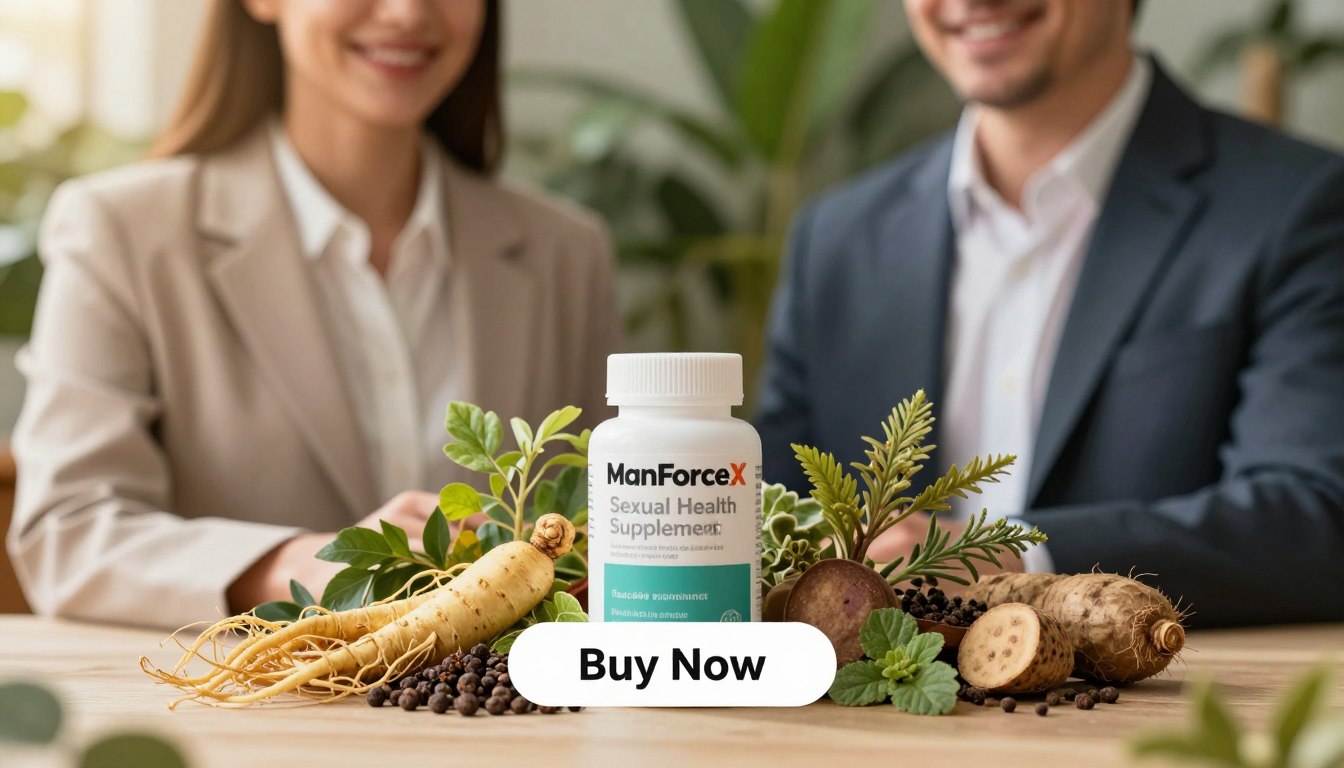 A serene and inviting scene featuring a man and woman in professional attire, confidently holding the ManForceX product prominently in their hands. The foreground showcases the sleek and stylish packaging labeled "Sexual Health Supplement", with vibrant botanical ingredients artistically arranged around it, such as ginseng, maca root, and various herbs, symbolizing the natural formula. In the middle ground, a softly blurred background of lush greenery enhances the organic feel. Gentle, warm lighting cascades through the frame, creating an uplifting and positive atmosphere, ideal for conveying wellness and vitality. A 'Buy Now' button elegantly placed below the product captures attention without distracting from the main focus, ensuring a polished and professional portrayal of the subject matter.