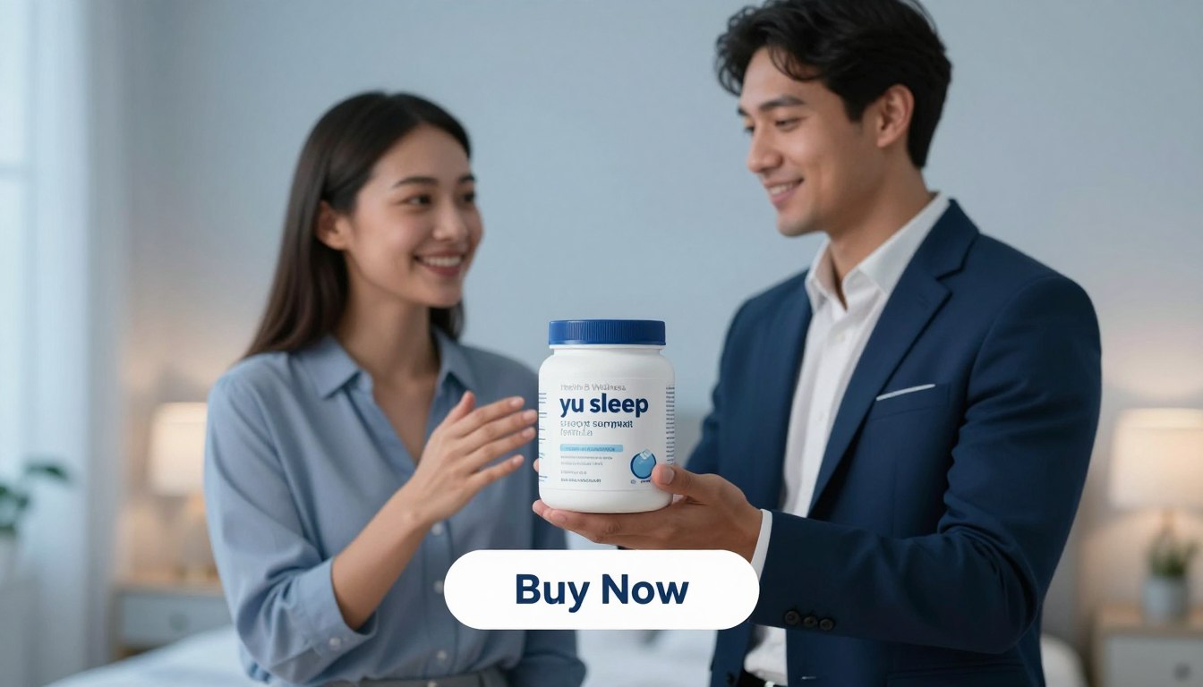 A serene and inviting scene featuring a man and woman in professional attire, standing together in a softly lit room that conveys a feeling of relaxation and comfort. The man holds a sleek, modern container labeled "yu sleep sleep support formula," while the woman gestures towards it, smiling warmly. In the foreground, the product is prominently displayed, capturing attention with its elegant design. The background features a soothing color palette of blues and soft whites, with gentle lighting that casts a tranquil ambiance. A stylish "Buy Now" button is situated below the product, enhancing the commercial aspect. The overall mood is calm, promoting a sense of trust and wellness, branded under "Health & Wellness," emphasizing natural relaxation and restful nights.