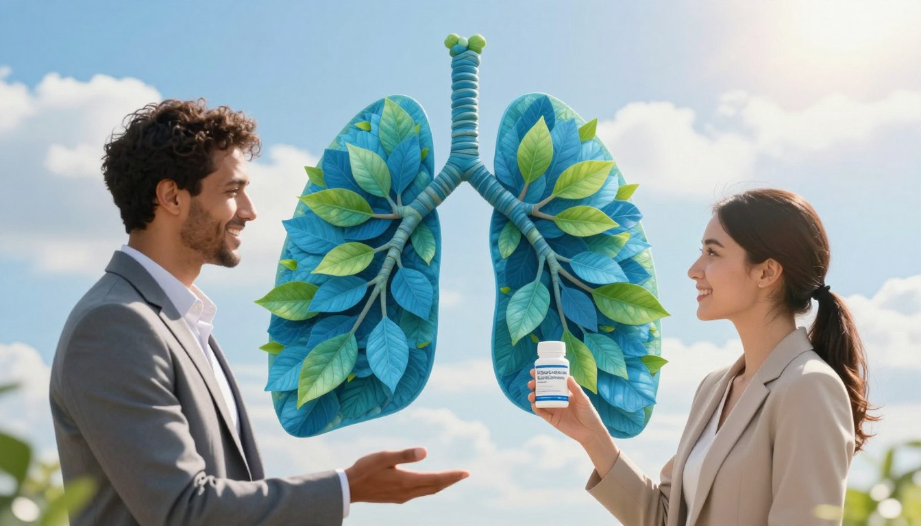 A serene and inviting scene illustrating healthy lung function and respiratory wellness. In the foreground, a diverse man and woman in professional business attire are smiling and holding a labeled product, "Respiratory Health Supplement," showcasing its benefits. The middle ground features a vibrant representation of human lungs made of flowing blue and green leaves, symbolizing vitality and freshness. In the background, emphasize a bright blue sky with soft, fluffy clouds to convey a sense of openness and clarity, while gentle sunlight filters through. Use a soft focus lens to create a warm and welcoming atmosphere, capturing the essence of health and rejuvenation. The composition should inspire feelings of calmness and well-being, without any text or logos beyond the product label. A serene and inviting scene illustrating healthy lung function and respiratory wellness. In the foreground, a diverse man and woman in professional business attire are smiling and holding a labeled product, "Respiratory Health Supplement," showcasing its benefits. The middle ground features a vibrant representation of human lungs made of flowing blue and green leaves, symbolizing vitality and freshness. In the background, emphasize a bright blue sky with soft, fluffy clouds to convey a sense of openness and clarity, while gentle sunlight filters through. Use a soft focus lens to create a warm and welcoming atmosphere, capturing the essence of health and rejuvenation. The composition should inspire feelings of calmness and well-being, without any text or logos beyond the product label.