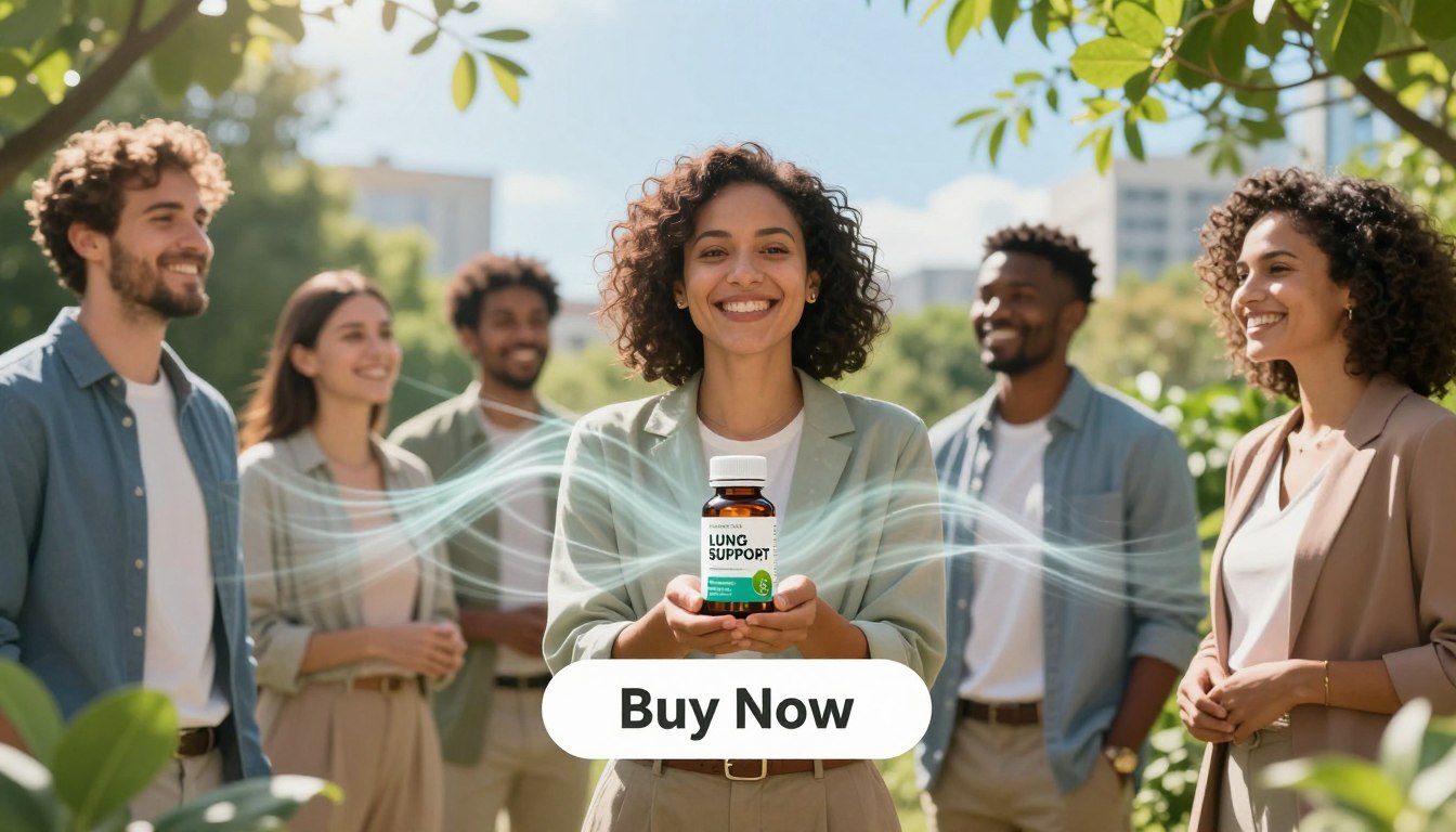 A serene and inviting scene showcasing a diverse group of individuals, a man and woman of different ethnicities, dressed in smart casual attire, happily holding a product labeled “LUNG SUPPORT”. In the foreground, they are positioned against a backdrop of lush greenery and clean, clear blue skies, symbolizing natural lung health and vitality. The middle layer features a subtle representation of flowing air currents, indicating respiratory wellness, while light filters through the leaves, casting a soft, warm glow that adds to the ambiance. In the background, suggest hints of a busy urban environment, emphasizing the contrast between modern life and natural support. A simple “Buy Now” button is integrated into the lower part of the image, maintaining focus on the product. The overall mood is uplifting and motivating, encouraging viewers to prioritize respiratory health. A serene and inviting scene showcasing a diverse group of individuals, a man and woman of different ethnicities, dressed in smart casual attire, happily holding a product labeled “LUNG SUPPORT”. In the foreground, they are positioned against a backdrop of lush greenery and clean, clear blue skies, symbolizing natural lung health and vitality. The middle layer features a subtle representation of flowing air currents, indicating respiratory wellness, while light filters through the leaves, casting a soft, warm glow that adds to the ambiance. In the background, suggest hints of a busy urban environment, emphasizing the contrast between modern life and natural support. A simple “Buy Now” button is integrated into the lower part of the image, maintaining focus on the product. The overall mood is uplifting and motivating, encouraging viewers to prioritize respiratory health.