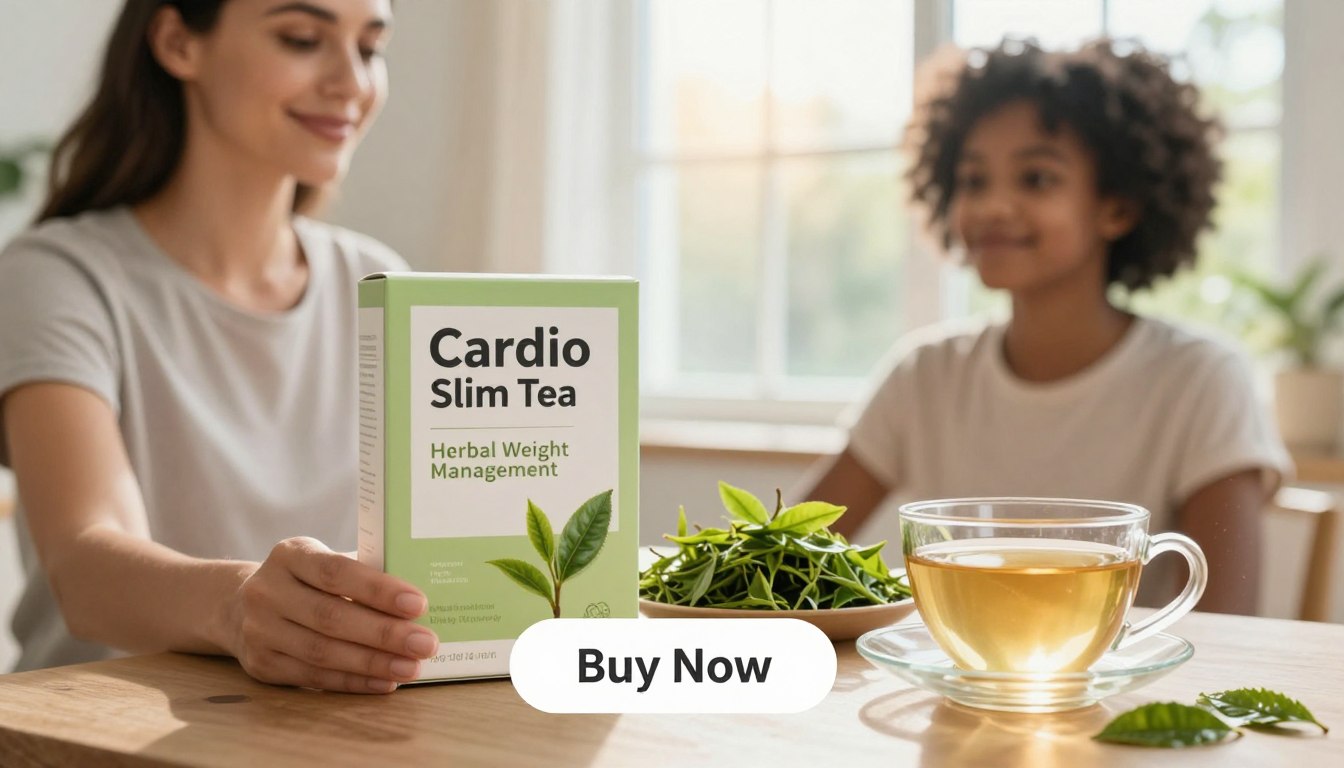 A serene and inviting wellness setting featuring a diverse woman in modest casual clothing, holding a box of "Cardio Slim Tea" prominently in the foreground. She radiates confidence and health, with a gentle smile that conveys warmth and trust. The packaging is clearly labeled “Herbal Weight Management”. In the middle ground, display fresh green tea leaves and a teacup filled with the brewed tea, suggesting vitality and rejuvenation. The background features soft, natural light filtering through a sunlit window, casting a warm glow that enhances the atmosphere of tranquility. A subtle “Buy Now” button is elegantly positioned below the product, harmonizing with the overall design, while maintaining a clean and professional aesthetic. The image should evoke a sense of well-being and encourage viewers to explore the health benefits of Cardio Slim Tea.