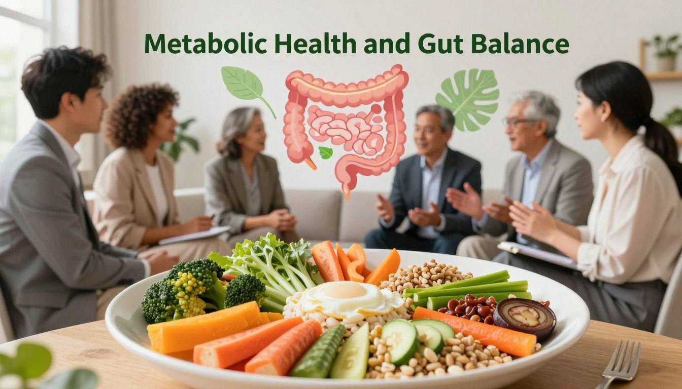 A serene and vibrant scene depicting "Metabolic Health and Gut Balance." In the foreground, a healthy meal plate filled with colorful vegetables, whole grains, and probiotics, symbolizing balanced nutrition. In the middle ground, a diverse group of individuals in professional attire engaged in a lively conversation, discussing health and wellness, embodying a community focused on achieving balance. In the background, a healthy gut illustration interwoven with natural elements like leaves and herbs, representing SlimLeaf's connection to nature. Soft, natural lighting enhances the warmth of the scene, creating an inviting atmosphere. The composition uses a gentle focus, highlighting the meal while the individuals remain clear and engaging. The overall mood is uplifting and inspiring, emphasizing the journey towards better metabolic health and digestive balance. A serene and vibrant scene depicting "Metabolic Health and Gut Balance." In the foreground, a healthy meal plate filled with colorful vegetables, whole grains, and probiotics, symbolizing balanced nutrition. In the middle ground, a diverse group of individuals in professional attire engaged in a lively conversation, discussing health and wellness, embodying a community focused on achieving balance. In the background, a healthy gut illustration interwoven with natural elements like leaves and herbs, representing SlimLeaf's connection to nature. Soft, natural lighting enhances the warmth of the scene, creating an inviting atmosphere. The composition uses a gentle focus, highlighting the meal while the individuals remain clear and engaging. The overall mood is uplifting and inspiring, emphasizing the journey towards better metabolic health and digestive balance.