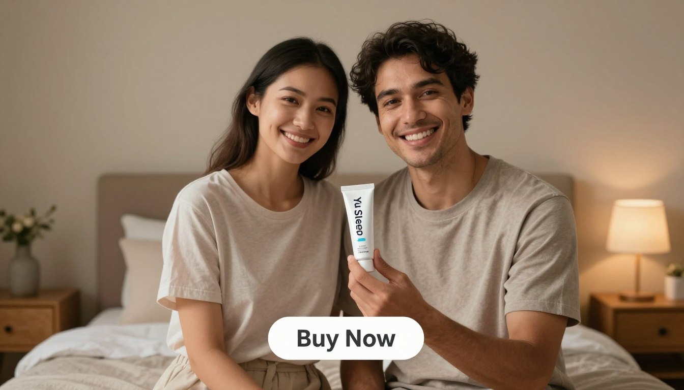 A serene and warm scene featuring a confident man and woman, smiling as they hold a tube of "Yu Sleep," a natural sleep quality booster, demonstrating its soothing benefits. They are dressed in modest, casual clothing, exuding an air of health and wellness. The foreground highlights the product with soft, gentle lighting to emphasize its calming qualities. In the middle, the cheerful duo stands against a cozy bedroom backdrop, complete with soft bedding and a nightstand with dim lighting, creating an inviting atmosphere for relaxation. The background includes soft, muted colors, creating a tranquil setting. Below them, a prominent "Buy Now" button is placed, inviting viewers to consider the product. The brand name "Health & Wellness" is subtly integrated into the scene. The overall mood is peaceful and inviting, promoting natural relaxation.