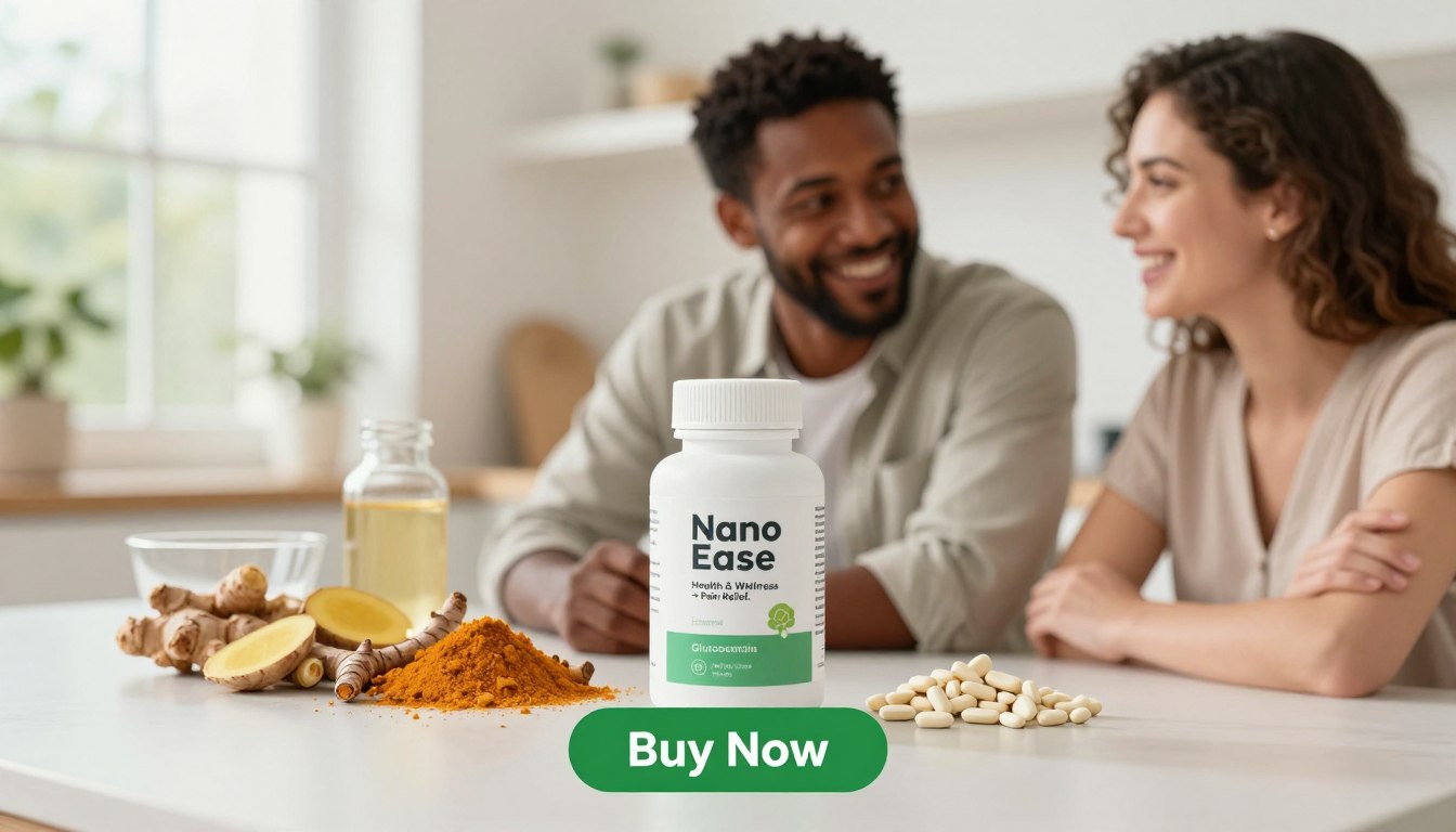 A serene, bright setting showcasing the "Nano Ease" product prominently in the foreground. A diverse man and woman, both dressed in smart casual attire, hold the product with smiles, exuding confidence and enthusiasm. The product design features an elegant label highlighting "Health & Wellness → Pain Relief." In the middle ground, an assortment of key ingredients like turmeric, ginger, and glucosamine are artfully arranged, emphasizing their natural appeal. The background is softly blurred, with hints of a peaceful environment, possibly an outdoor space or a bright, minimalistic kitchen. Soft, natural lighting enhances the warmth and approachability of the scene, highlighting the benefits of the ingredients while creating an inspiring atmosphere. Below the product, a green "Buy Now" button invites action, completing the composition.
